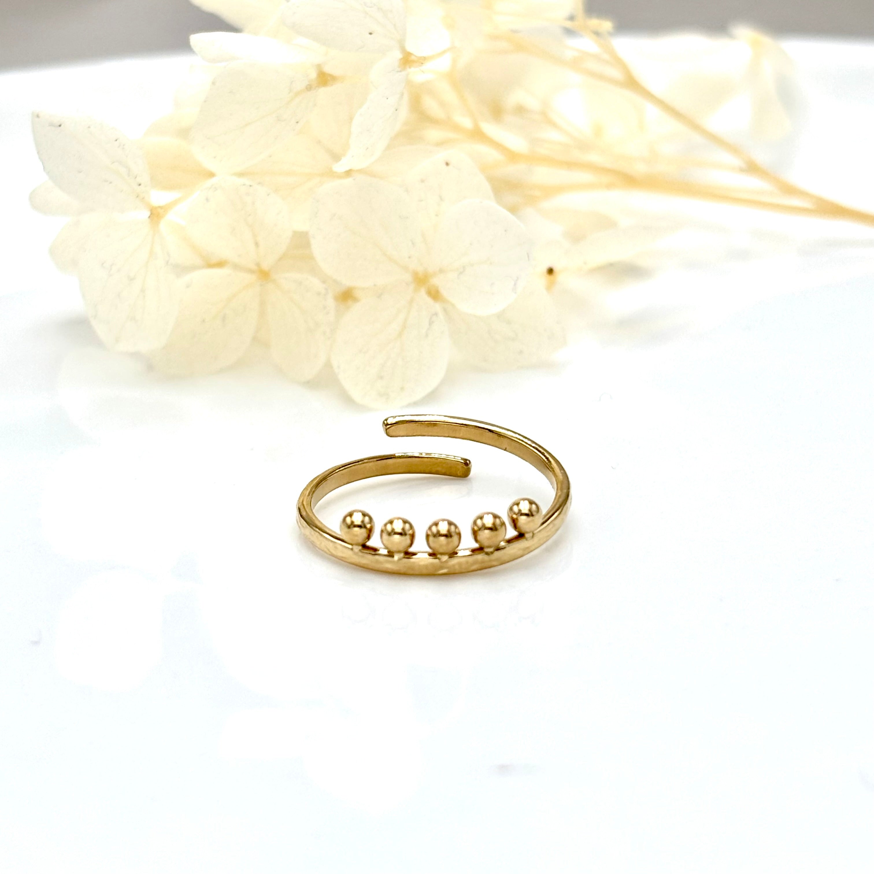 Bague acier inoxydable doré femme fine 5 billes ajustable – Verna
