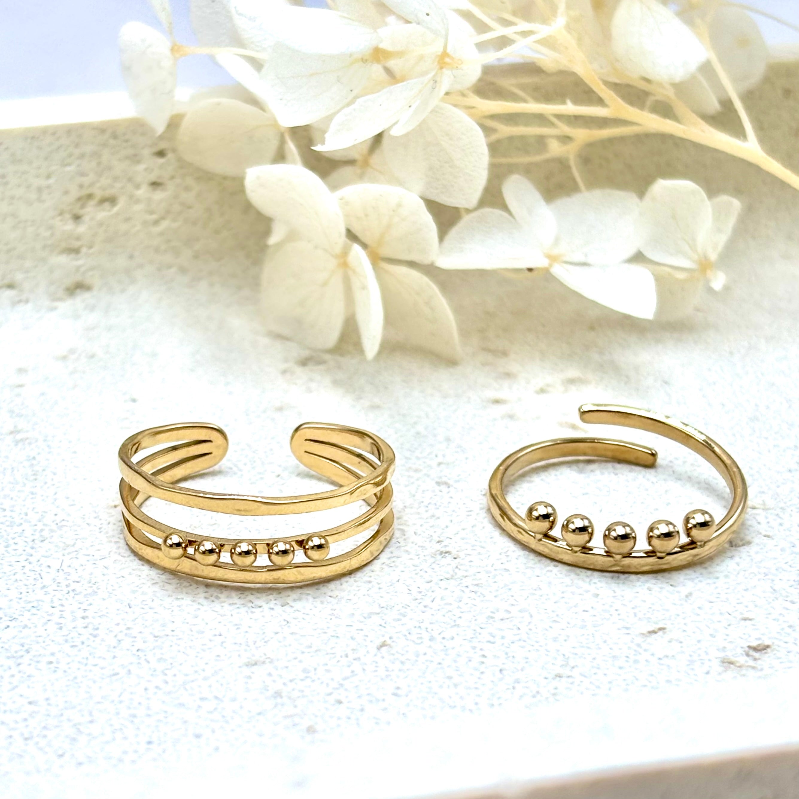 Bague acier inoxydable doré femme fine 5 billes ajustable – Verna