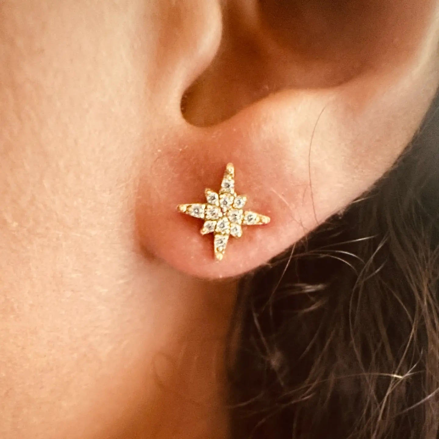 Boucles d’Oreilles Puces Etoile Polaire Doré à l'or fin et Zirconium Sally