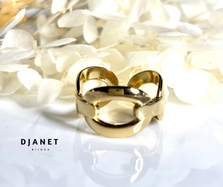 Bague ajustable maillons barres acier inoxydable doré à l'or fin Sofia