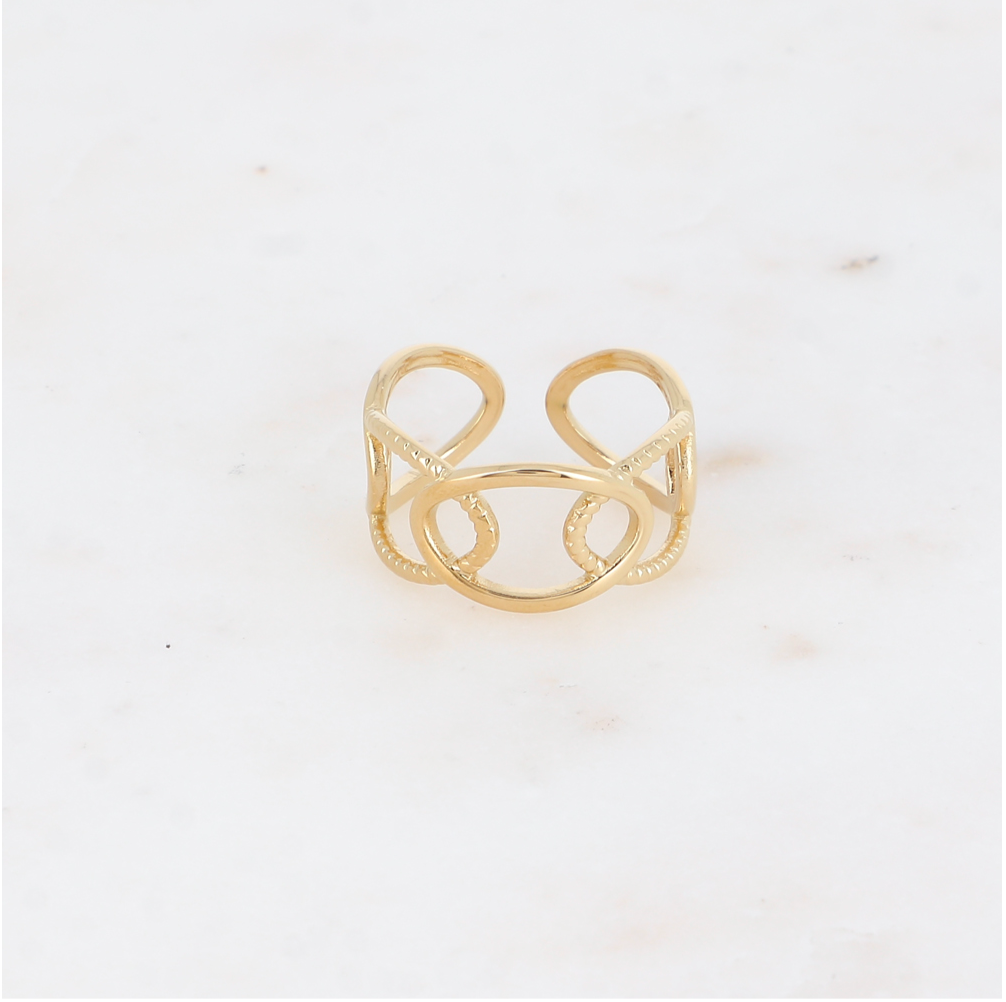 Bague ajustable mailles ovales acier inoxydable doré à l'or fin Angele