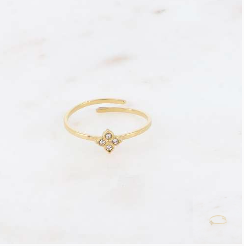 Bague fine acier inoxydable doré trèfle cristaux Clara