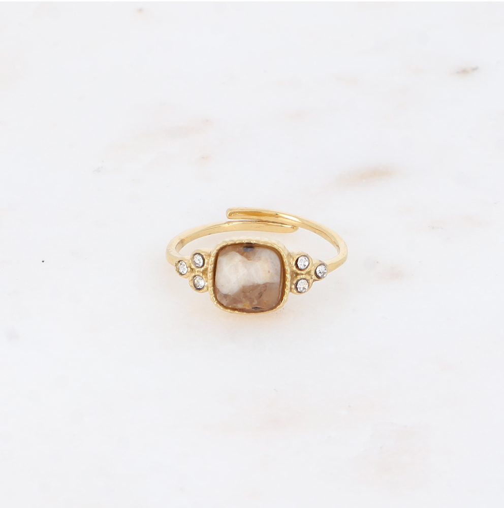 Bague acier inoxydable doré jaspe paysage cristaux Melusine