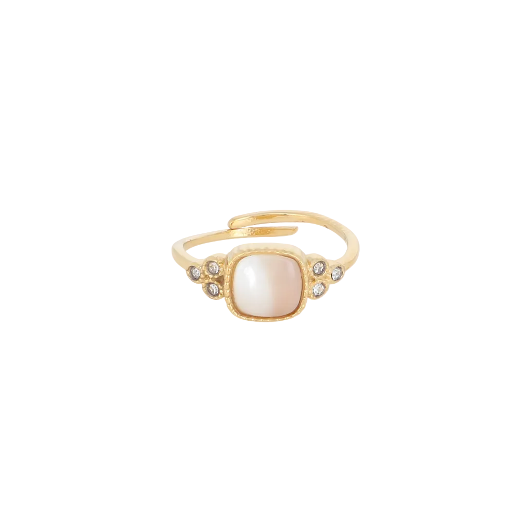 Bague acier inoxydable doré nacre cristaux ajustable – Melusine