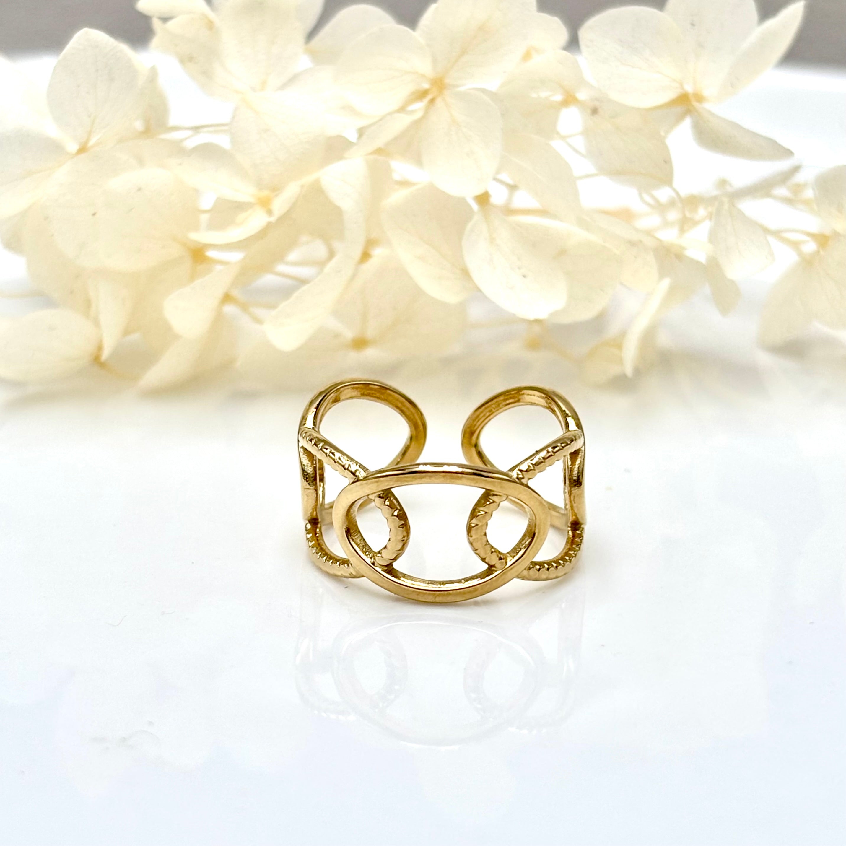 Bague doré acier inoxydable maillons ovales ajourés entrelacés ajustable