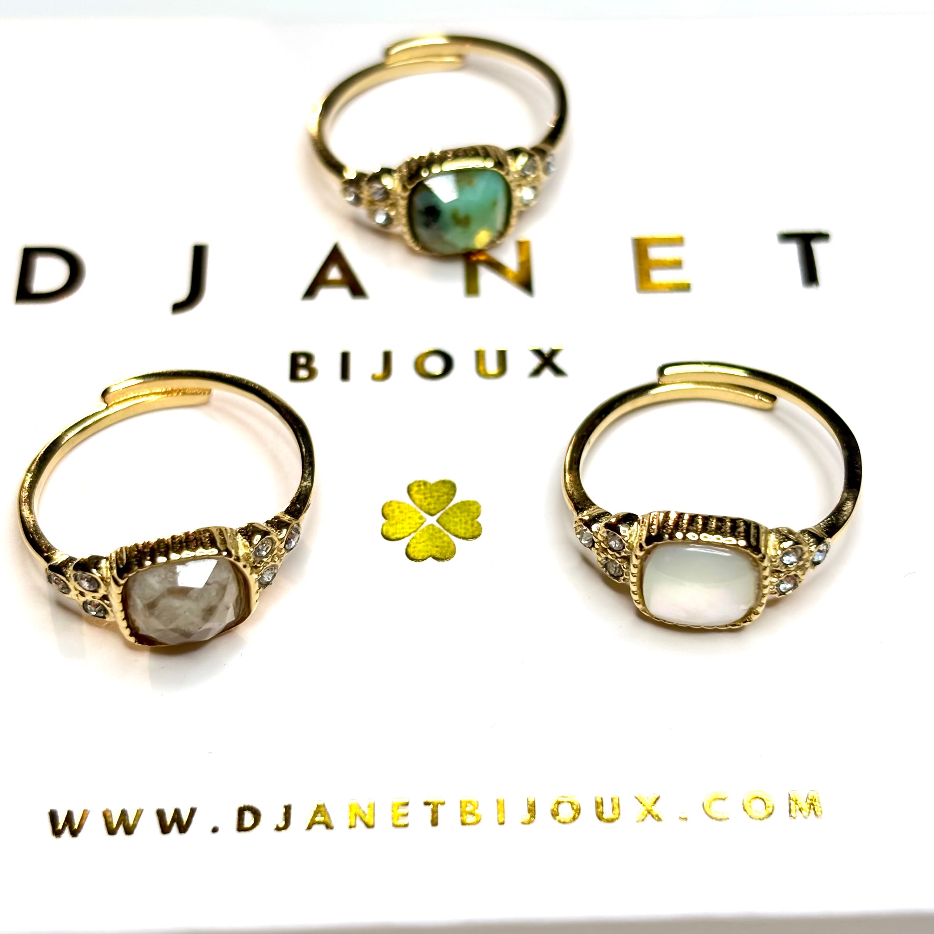 Bagues acier inoxydable doré et pierre naturelle et cristal