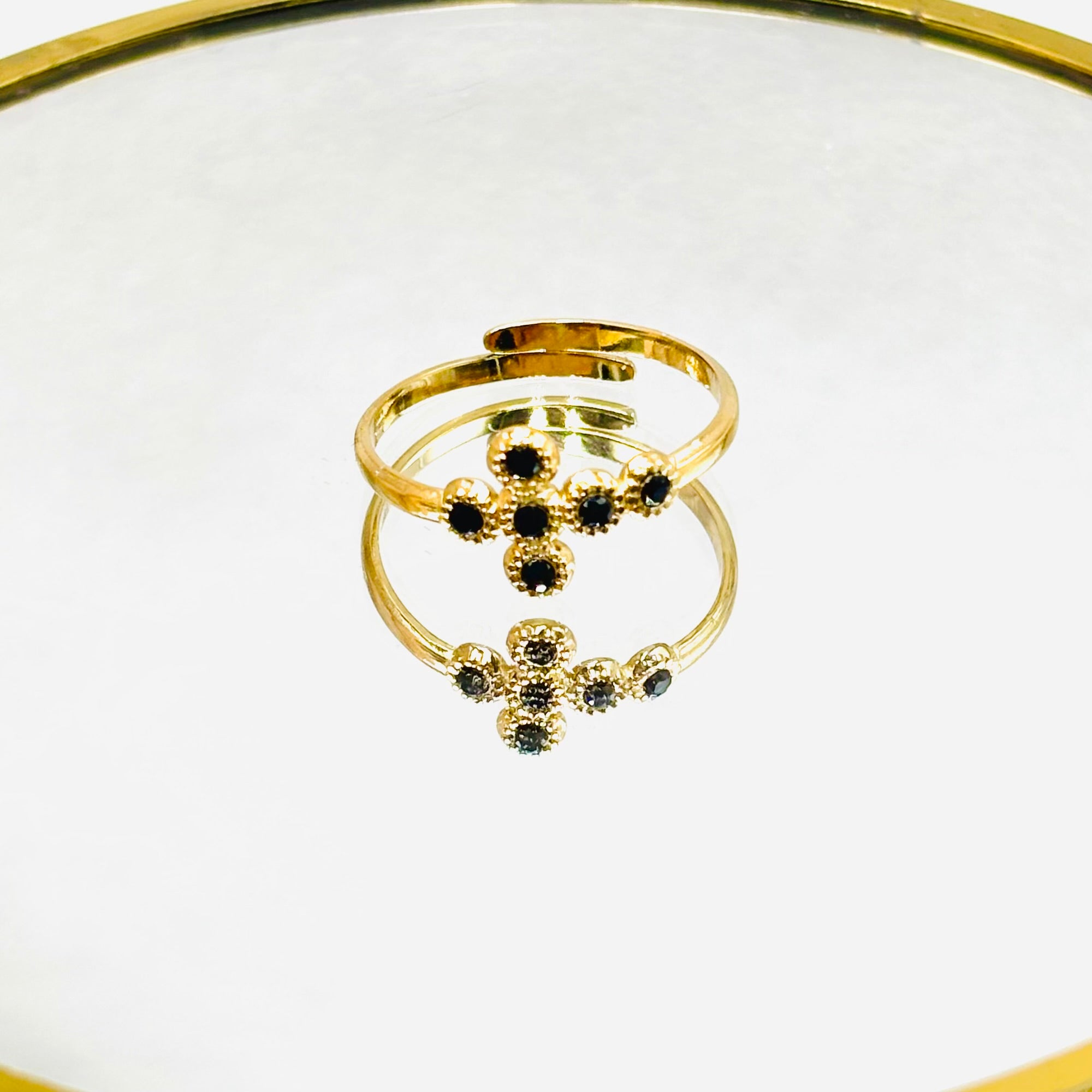 bague acier inoxydable doré zirconium noir croix femme ajustable