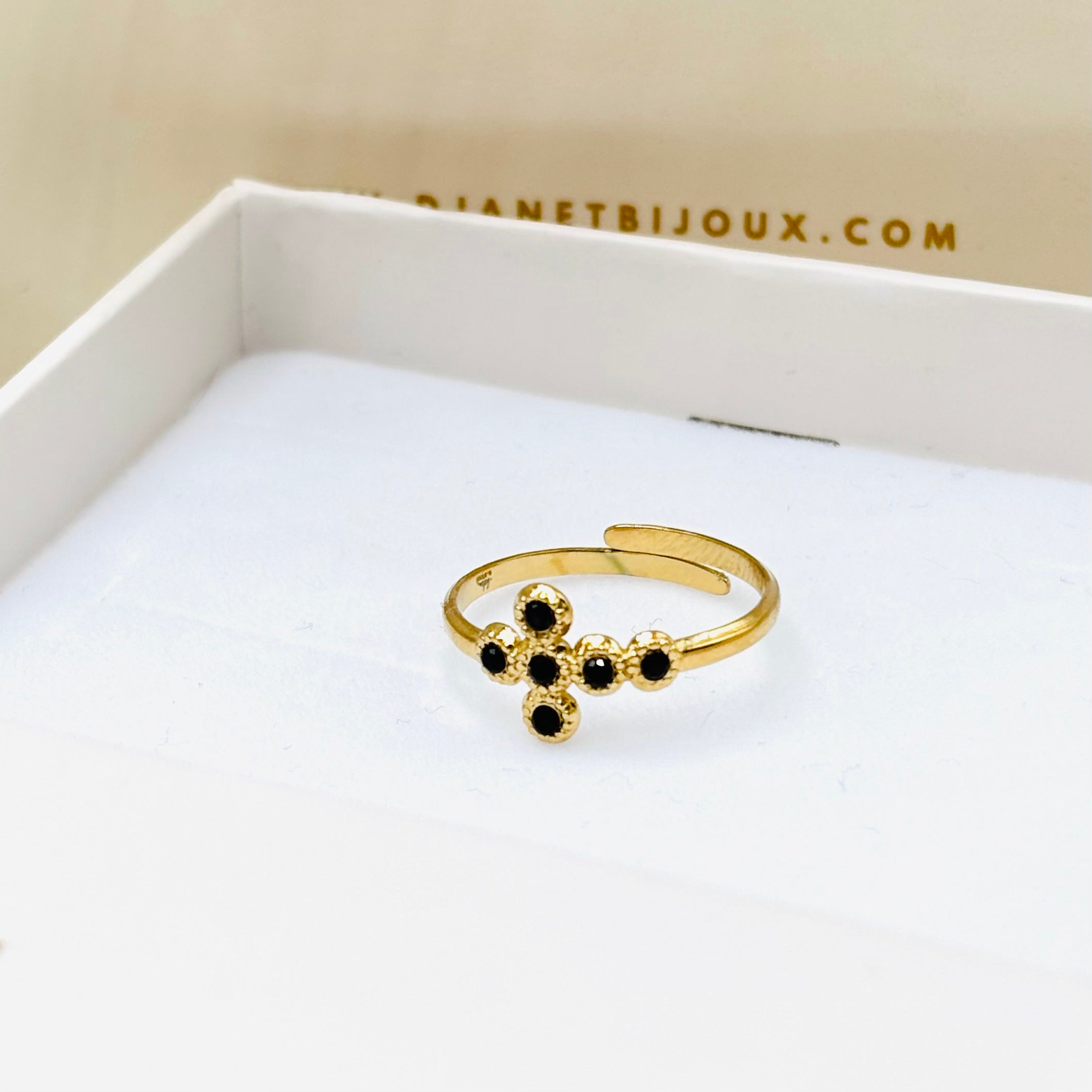 bague acier inoxydable doré zirconium croix noire ajustable
