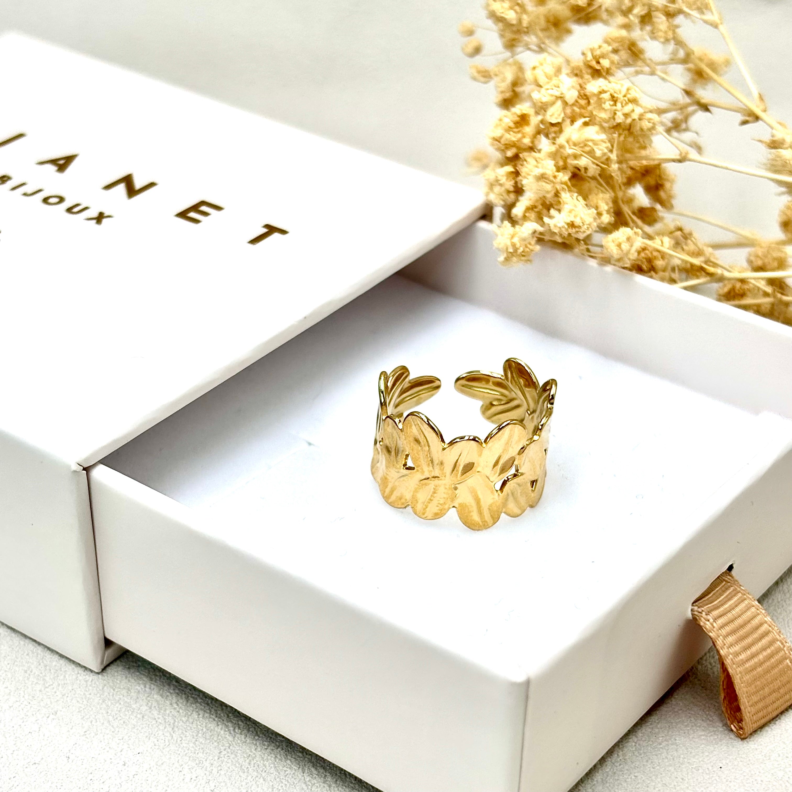 Bague en acier inoxydable doré femme large fleur ajustable