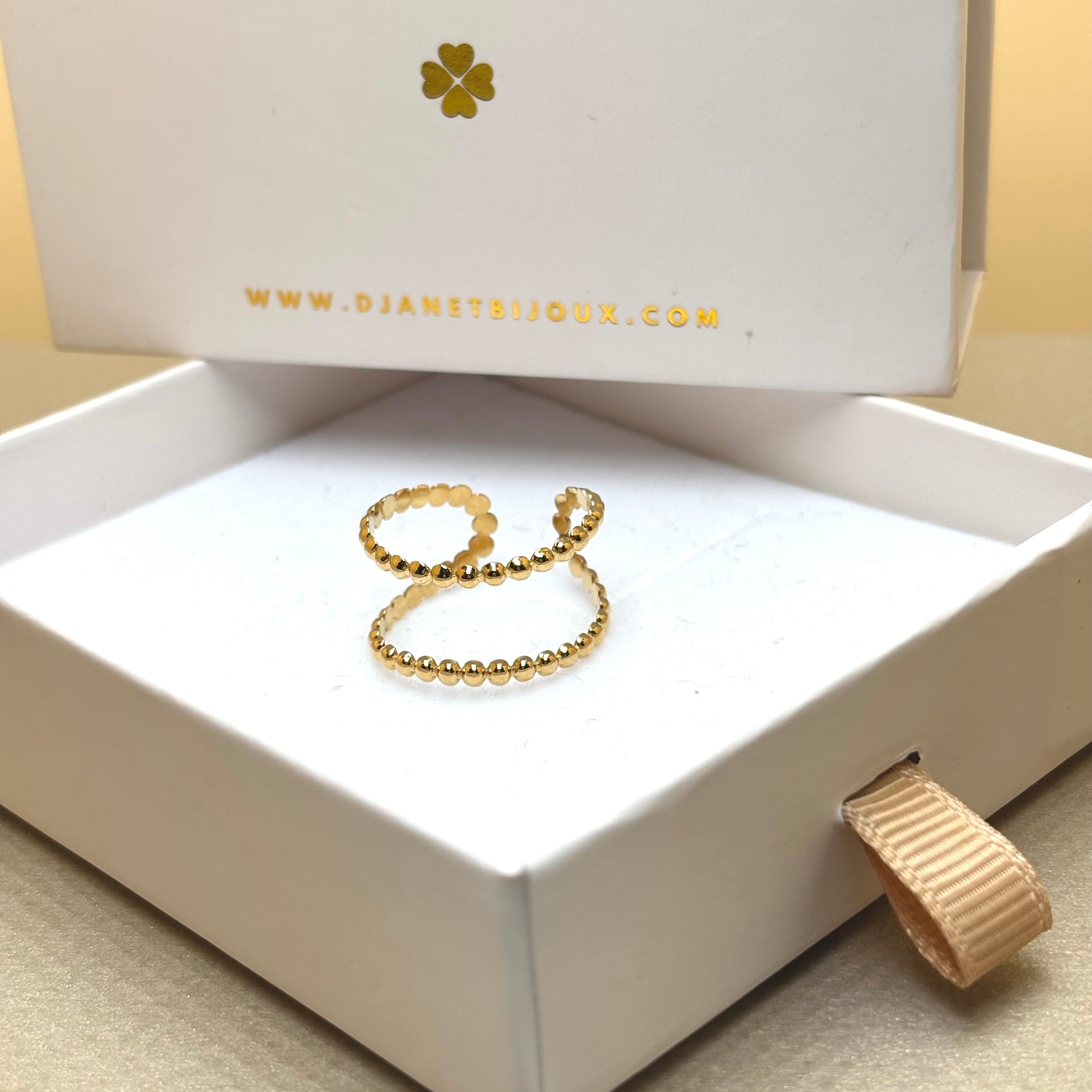 Bague acier doré femme double rang effet perlé ouverte
