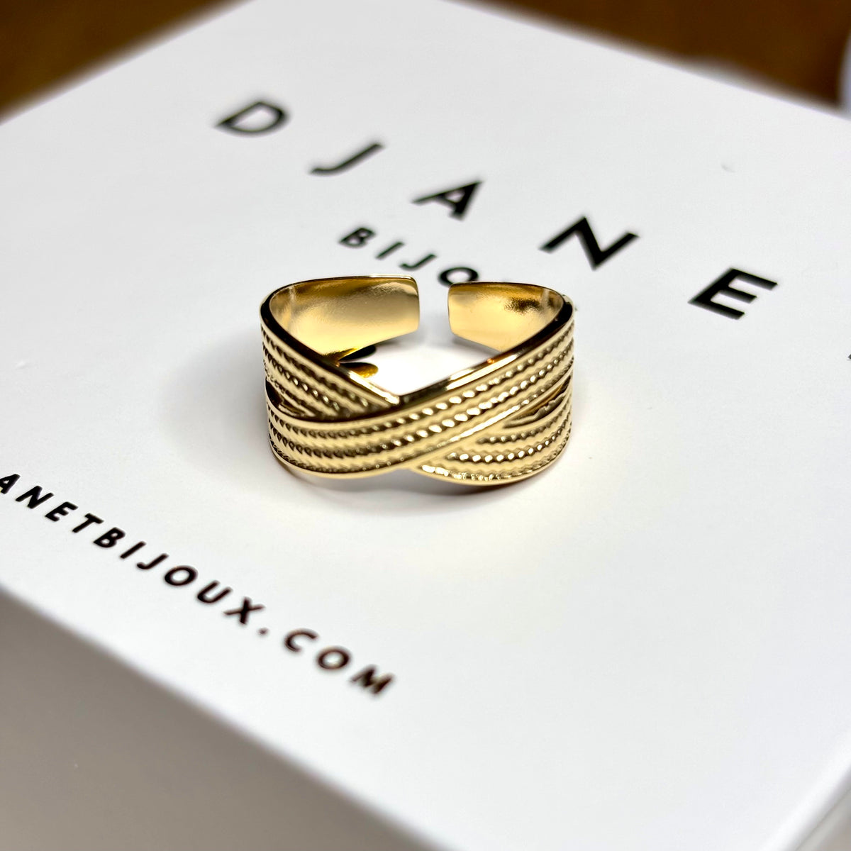 Anna Ring mit strukturierten gekreuzten Bändern auf einer Djanet Bijoux Karte