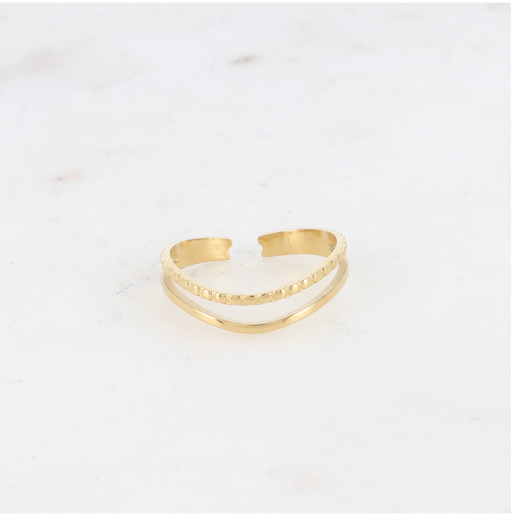 Bague fine ajustable deux rangs ajouré effet granulé et lisse acier inoxydable doré