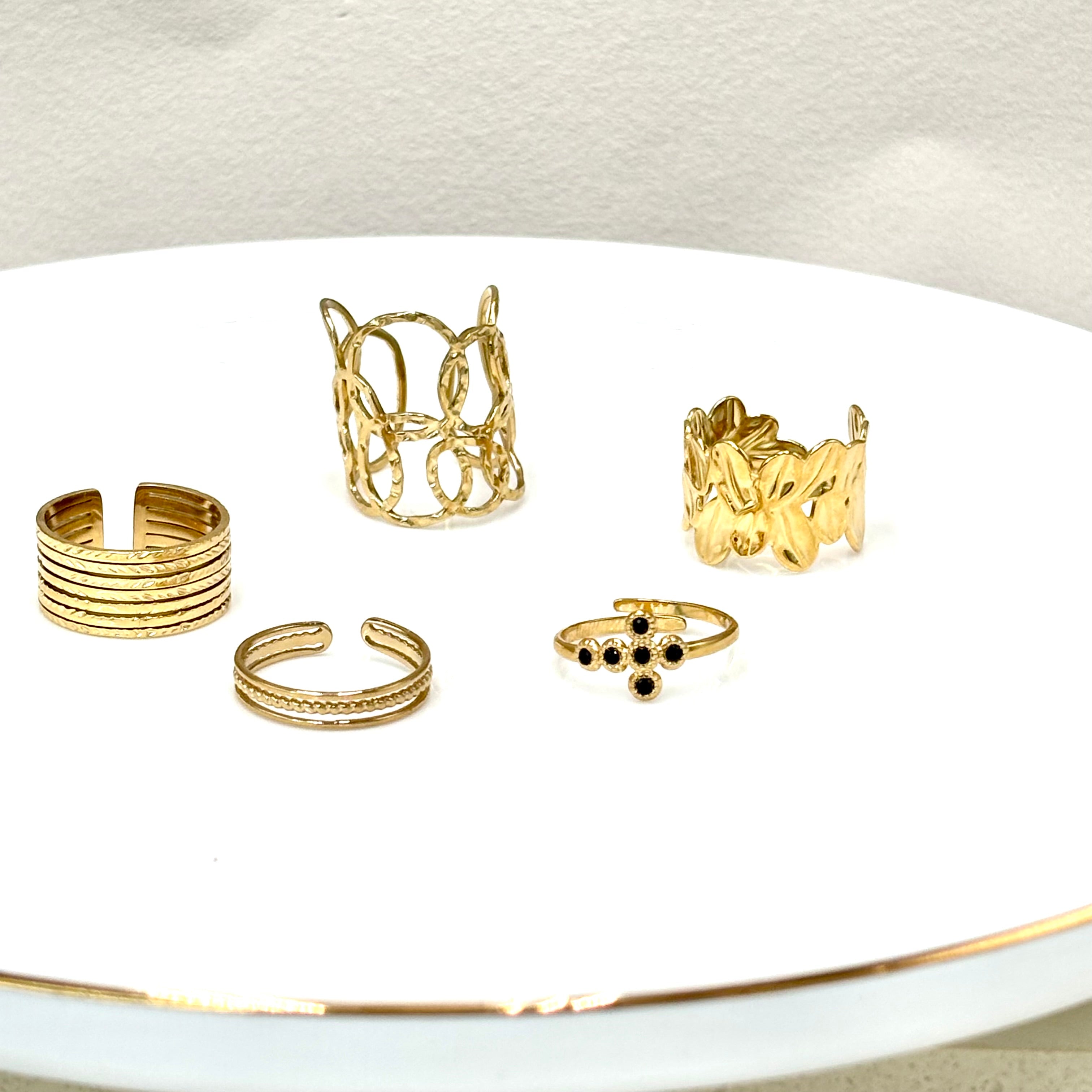 Bagues en acier inoxydable doré femme ajustables ouvertes Djanet Bijoux