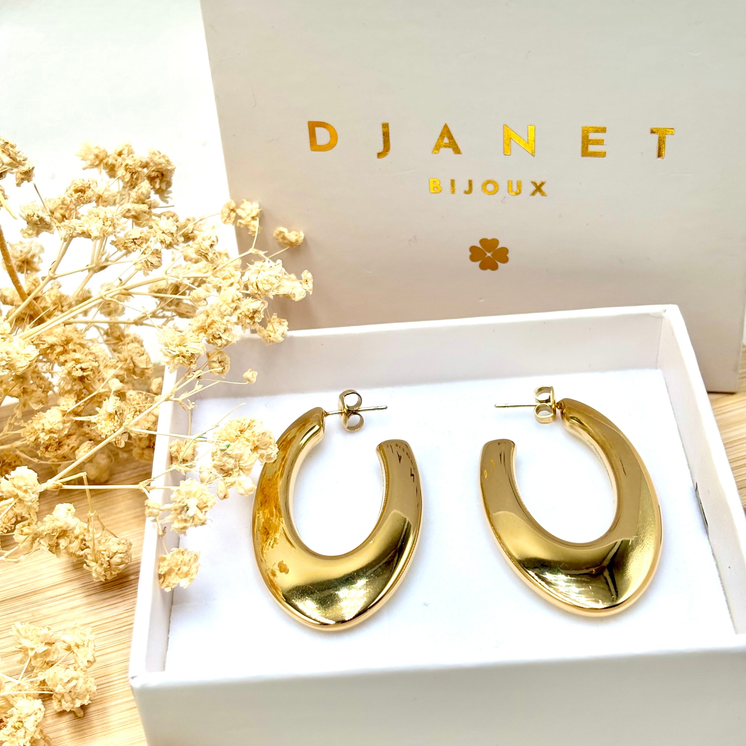 Boucles d'oreilles créoles ovales effet plat acier inoxydable doré