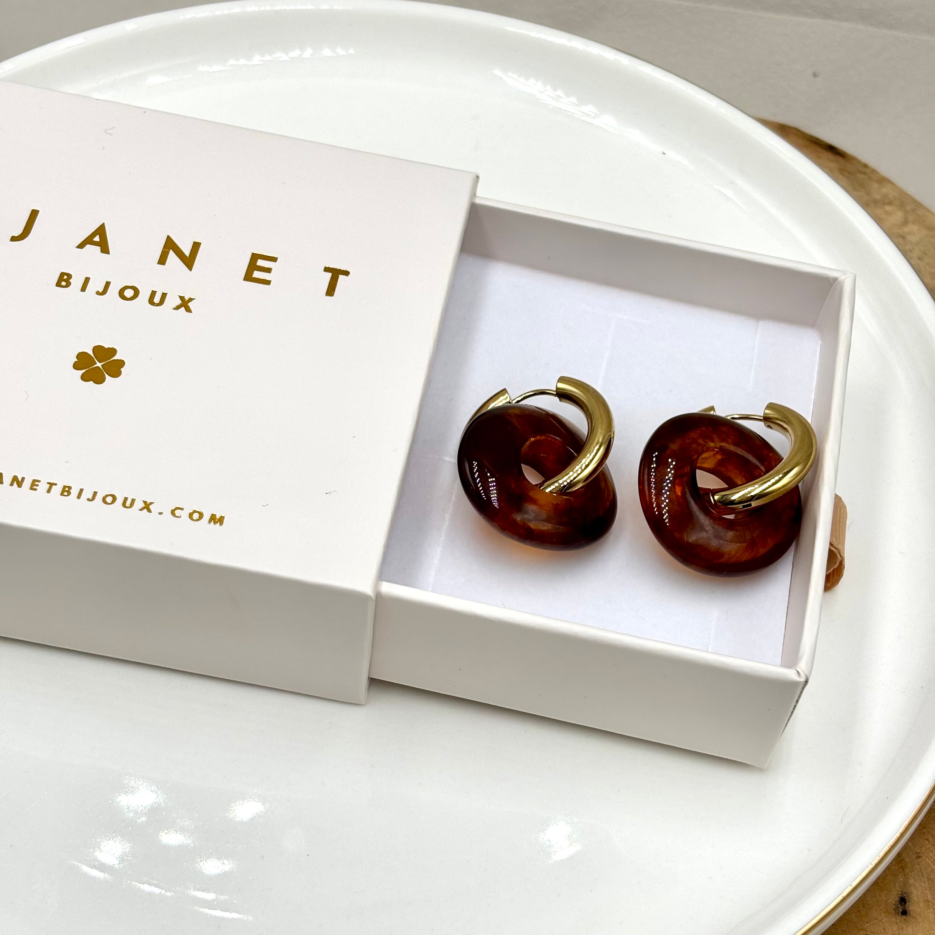 Boucles d'oreilles créoles en acier inoxydable doré et anneaux en forme de donut en acétate coloré brun marron présenté dans boite cadeau Djanet bijoux