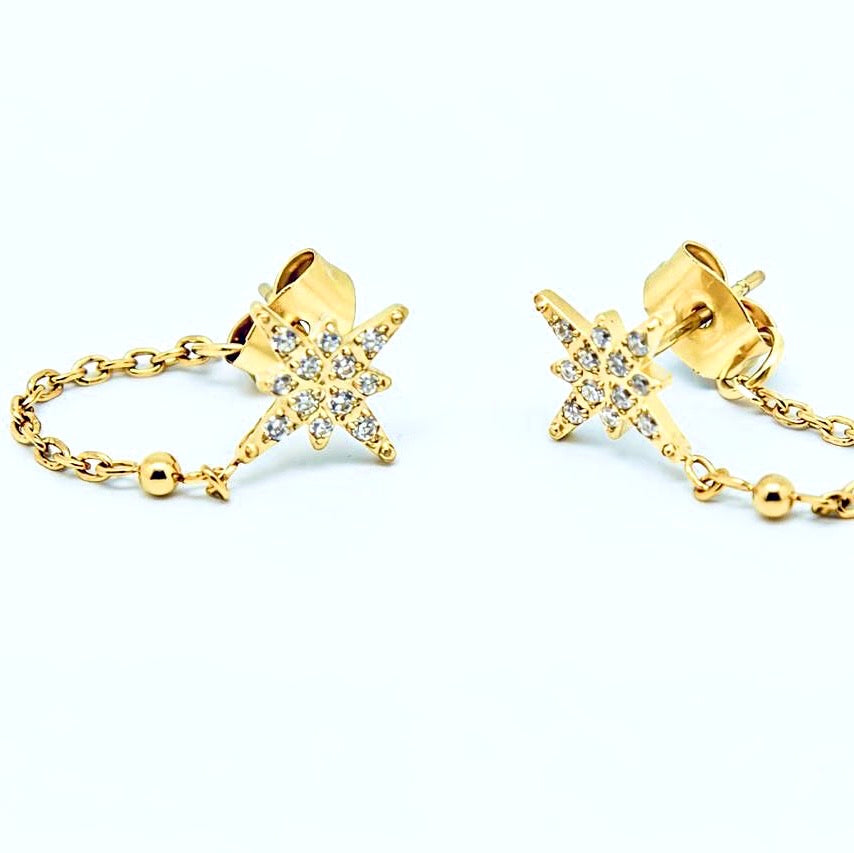 Boucles d'oreilles étoile du nord zirconium avec chaîne pendante en acier doré