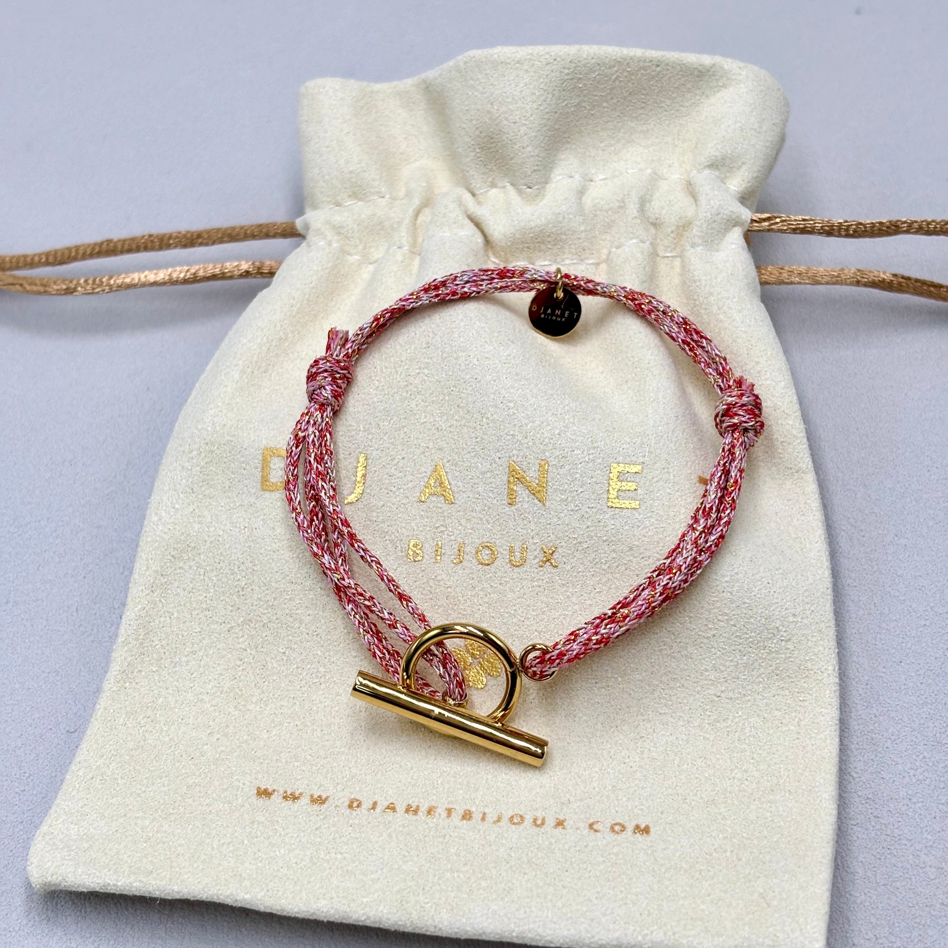 Bracelet cordon femme en acier inoxydable doré rose scintillant sur pochon Djanet Bijoux