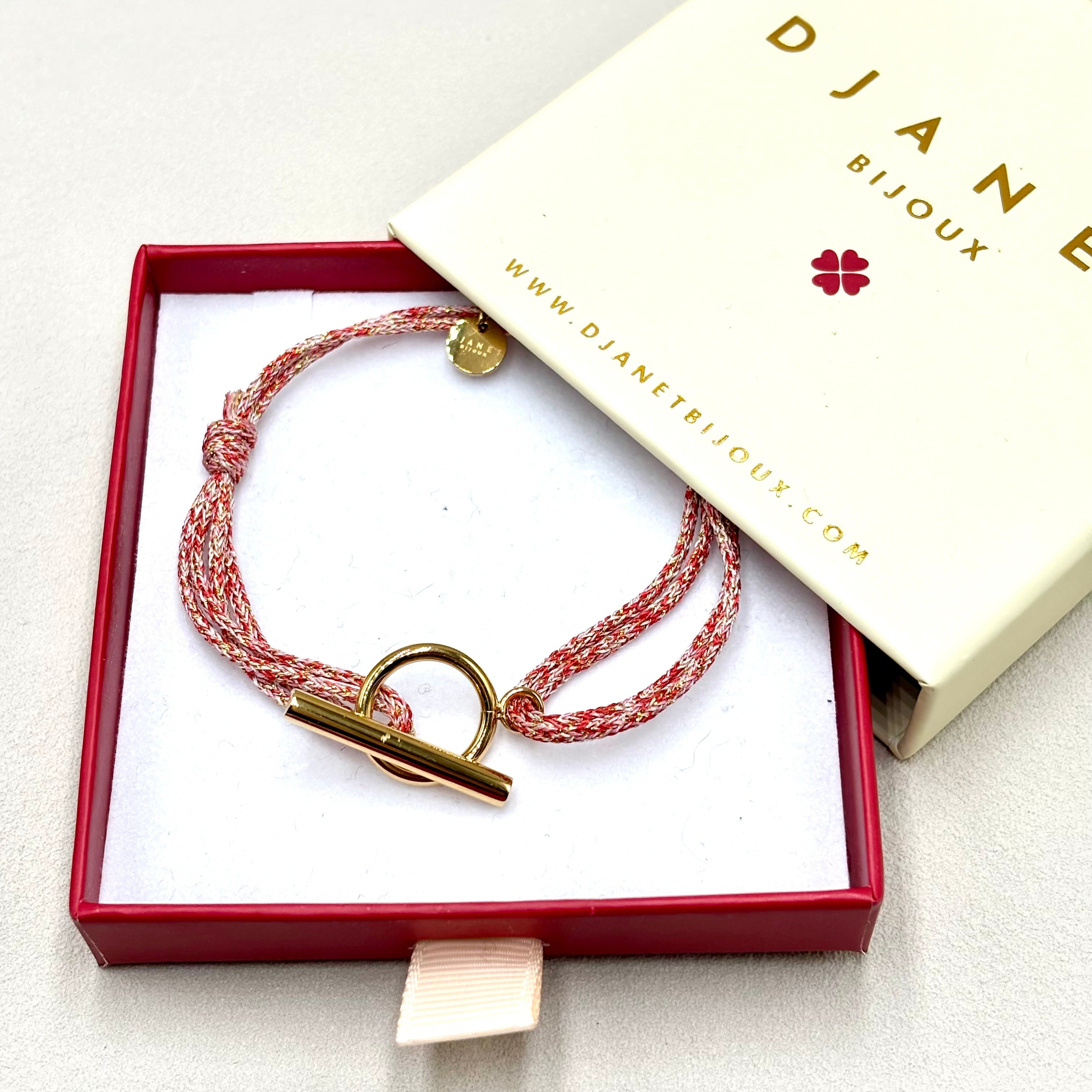 Bracelet cordon femme fermoir Toggle en acier doré cordon rose brillant dans boite cadeau Djanet Bijoux