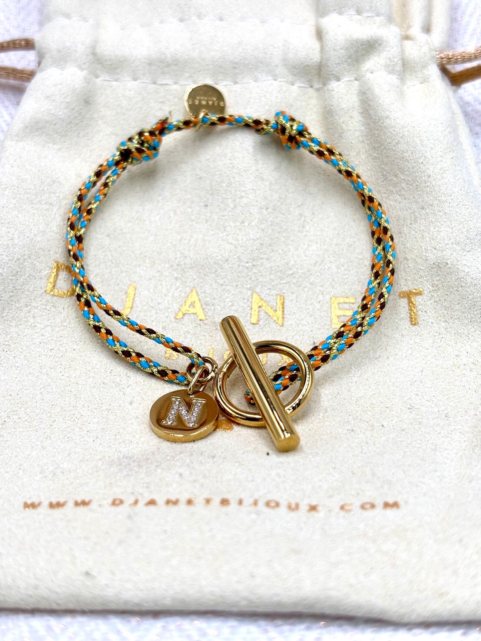 Bracelet cordon fermoir T Toggle en acier inoxydable doré initiale Lettre zirconium gravée