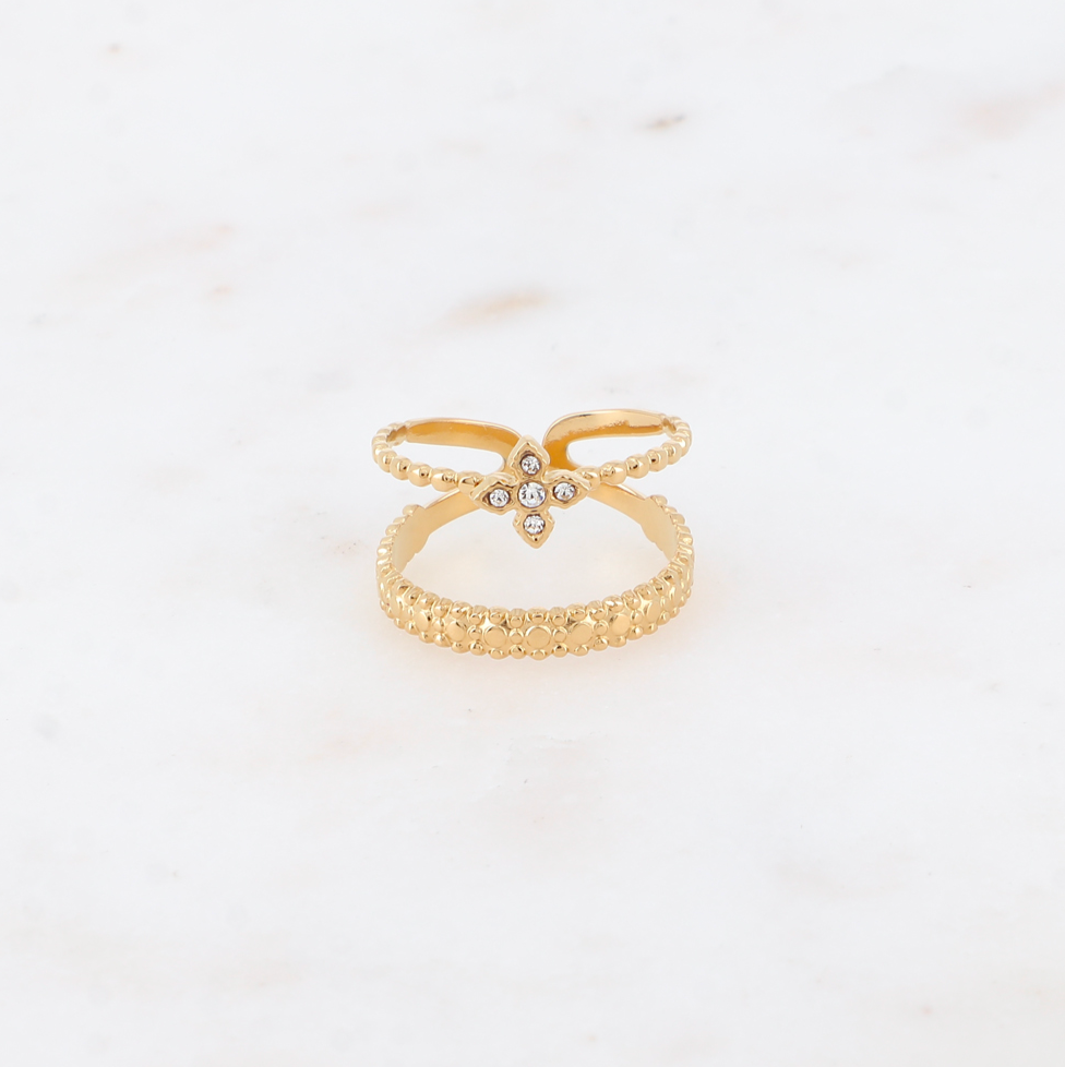 Bague acier inoxydable doré trèfle et cristaux Mary