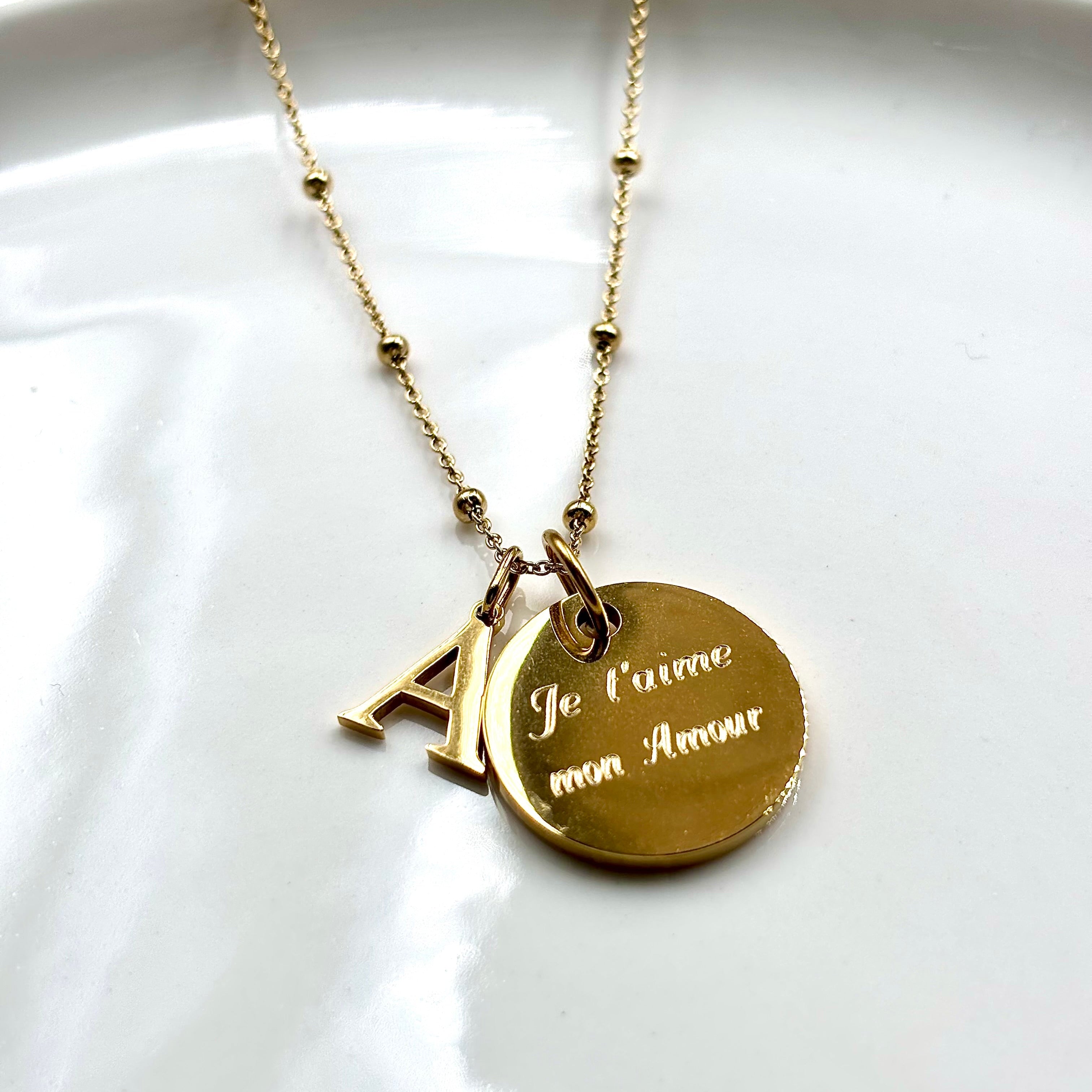 Chaîne médaille gravée lettre initiale en acier inoxydable doré chaine boules