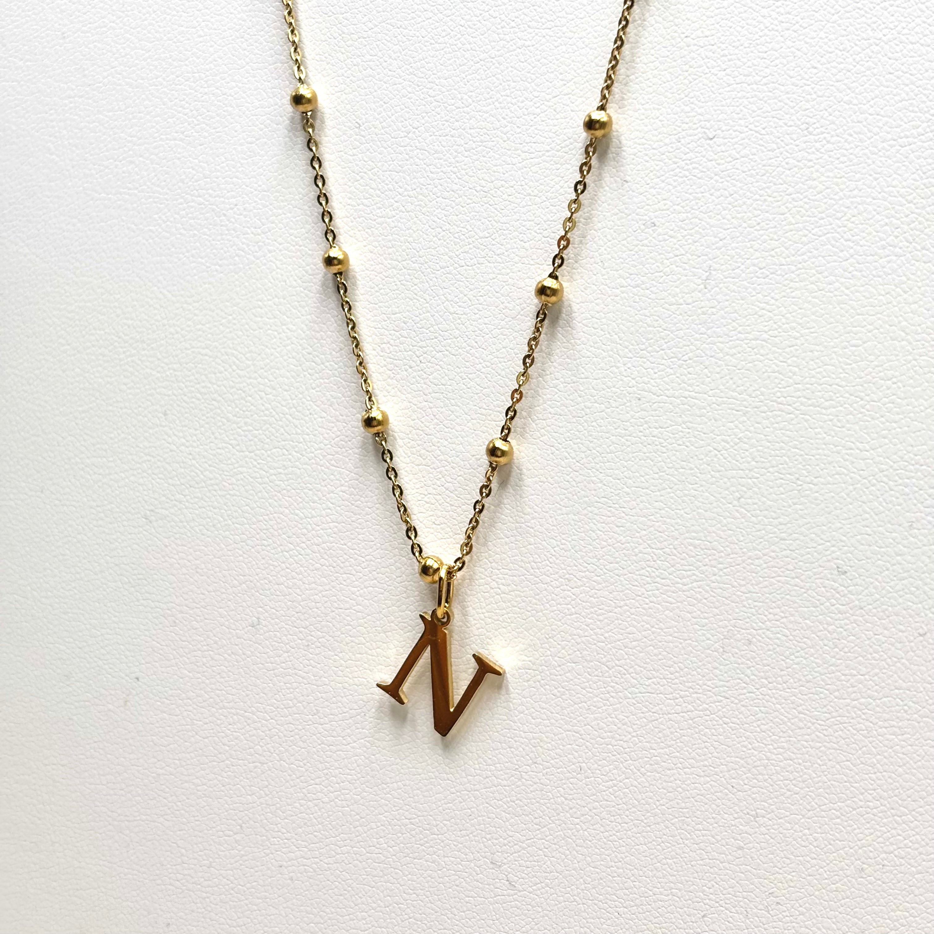 Collier personnalisé Initiales N en acier inoxydable doré à l'or fin chaine maille boules