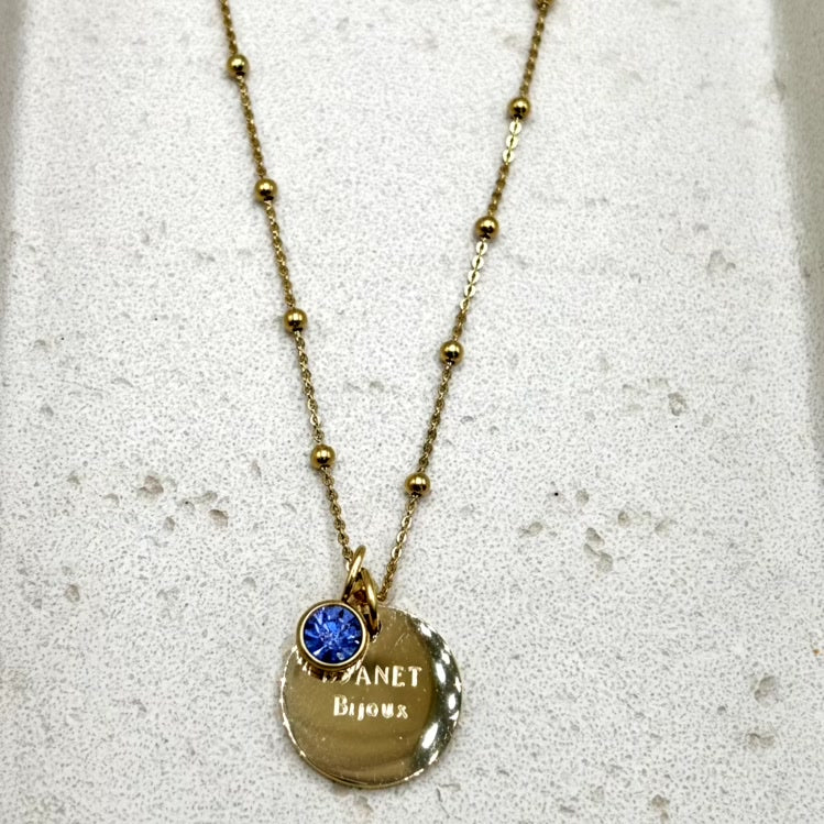 Collier chaine boules médaille gravée en acier doré Djanet Bijoux et pierre de naissance