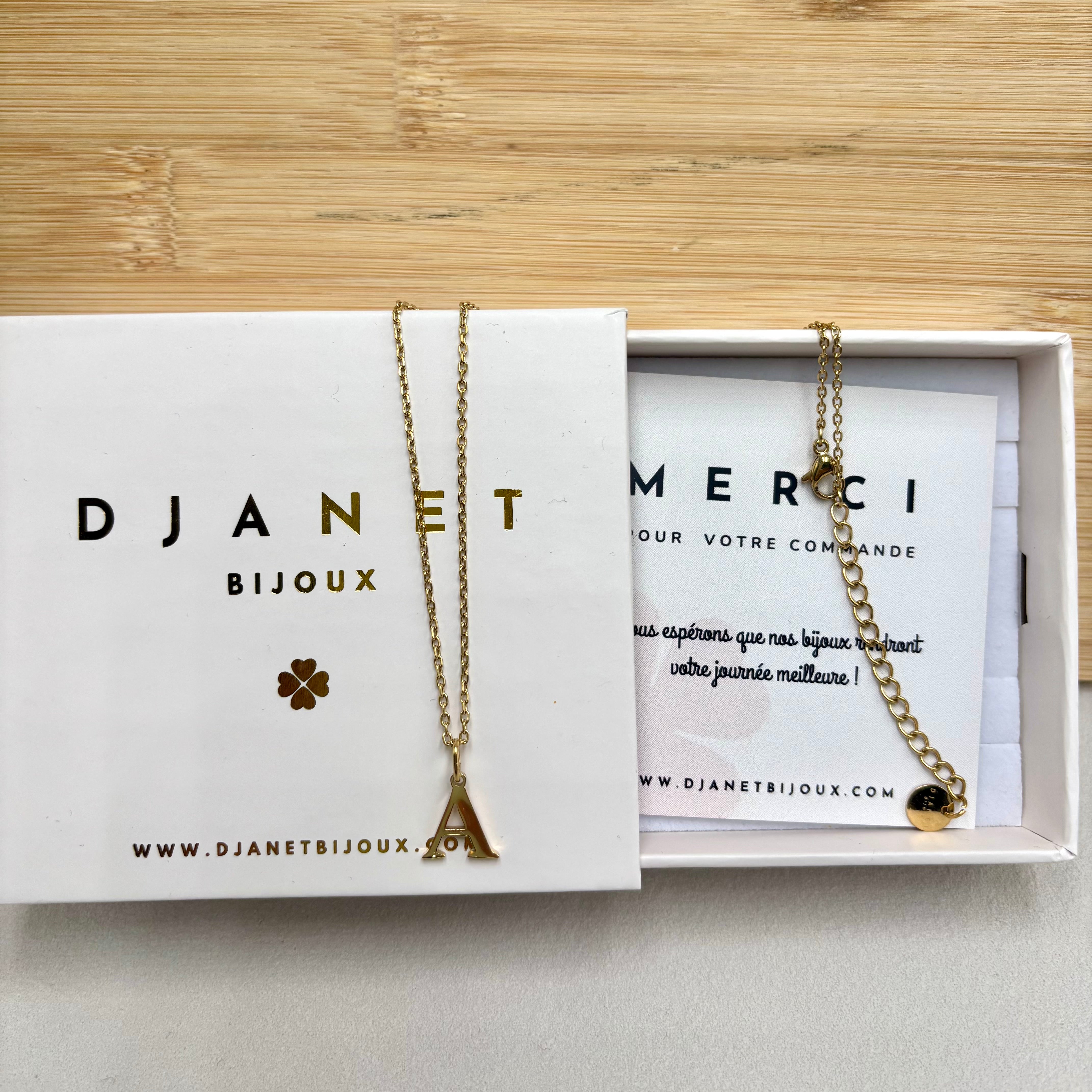 Collier personnalisé Lettres Initiales en acier inoxydable doré à l'or fin sur boite cadeau Djanet Bijoux