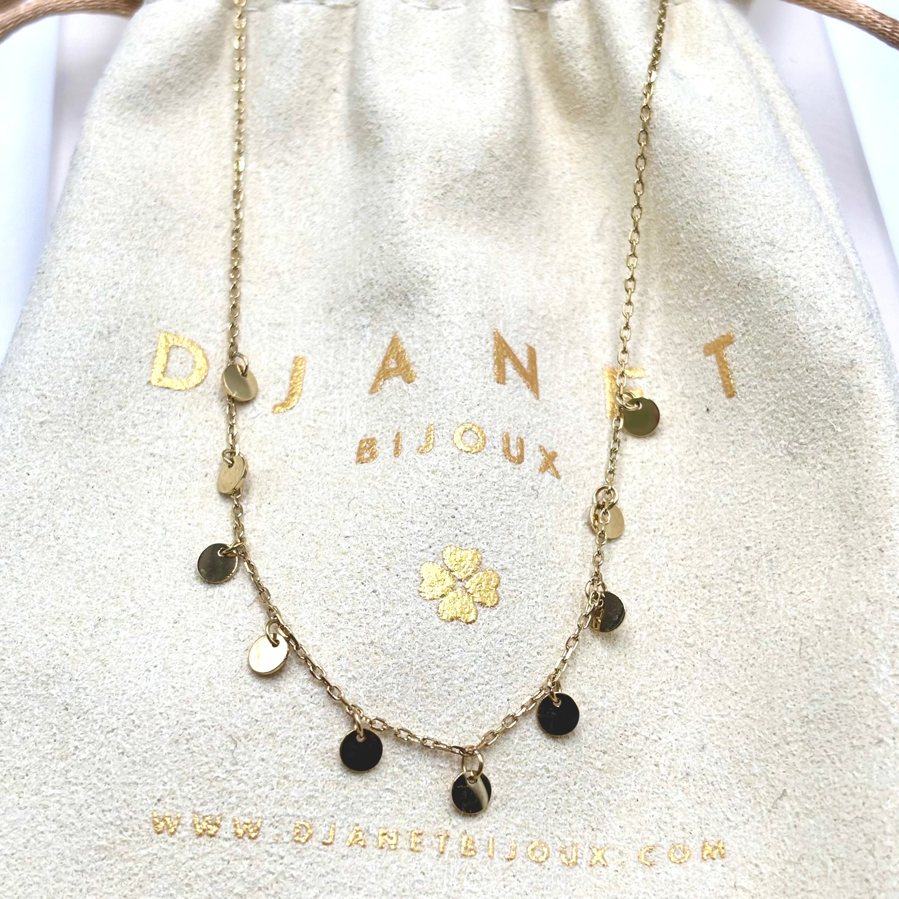 Collier ras de cou pastilles en acier inoxydable doré à l'or fin Djanet Bijoux présenté sur pochon