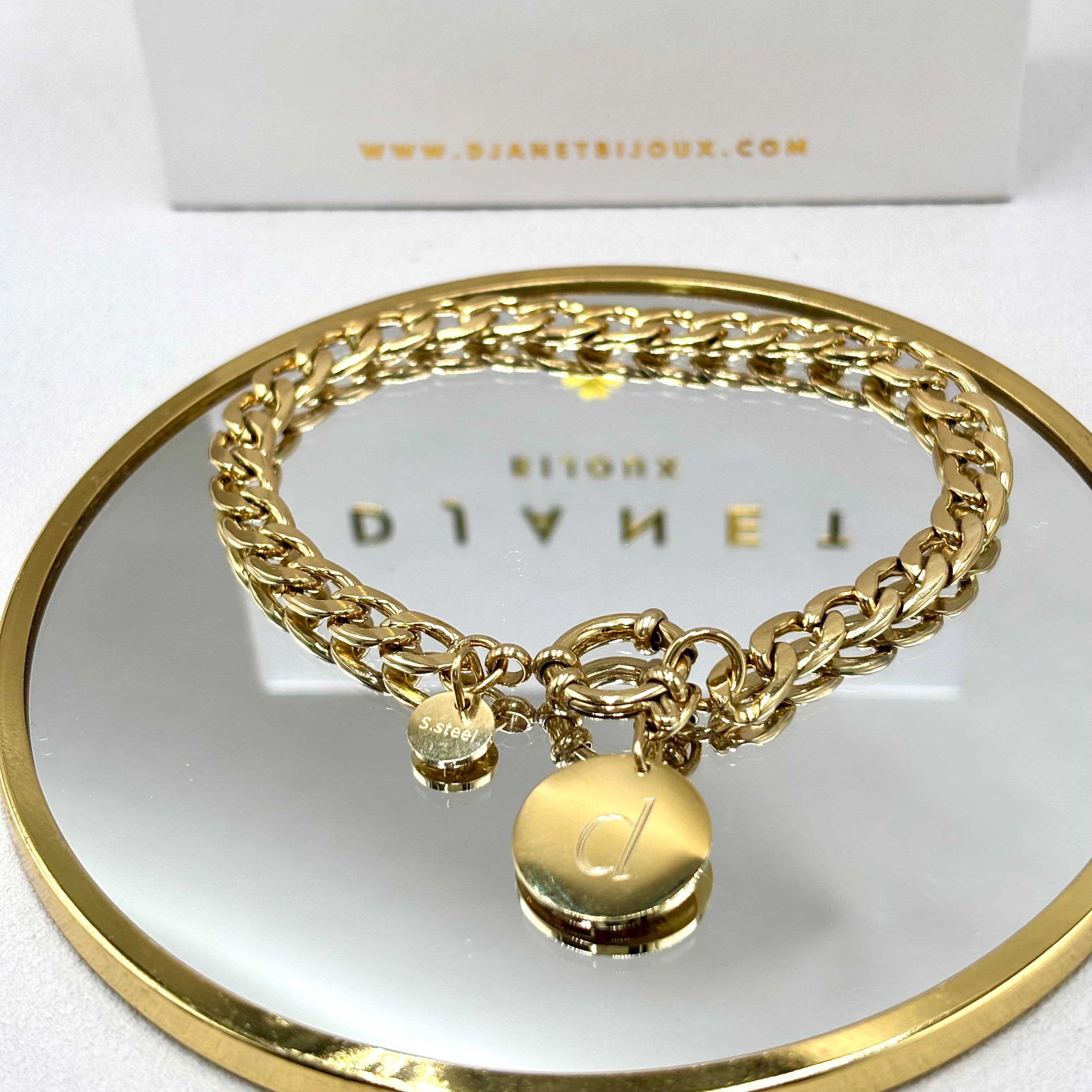 Gourmette en acier inoxydable doré à l'or fin 14K et fermoir mousqueton rond pendentif lettre gravée