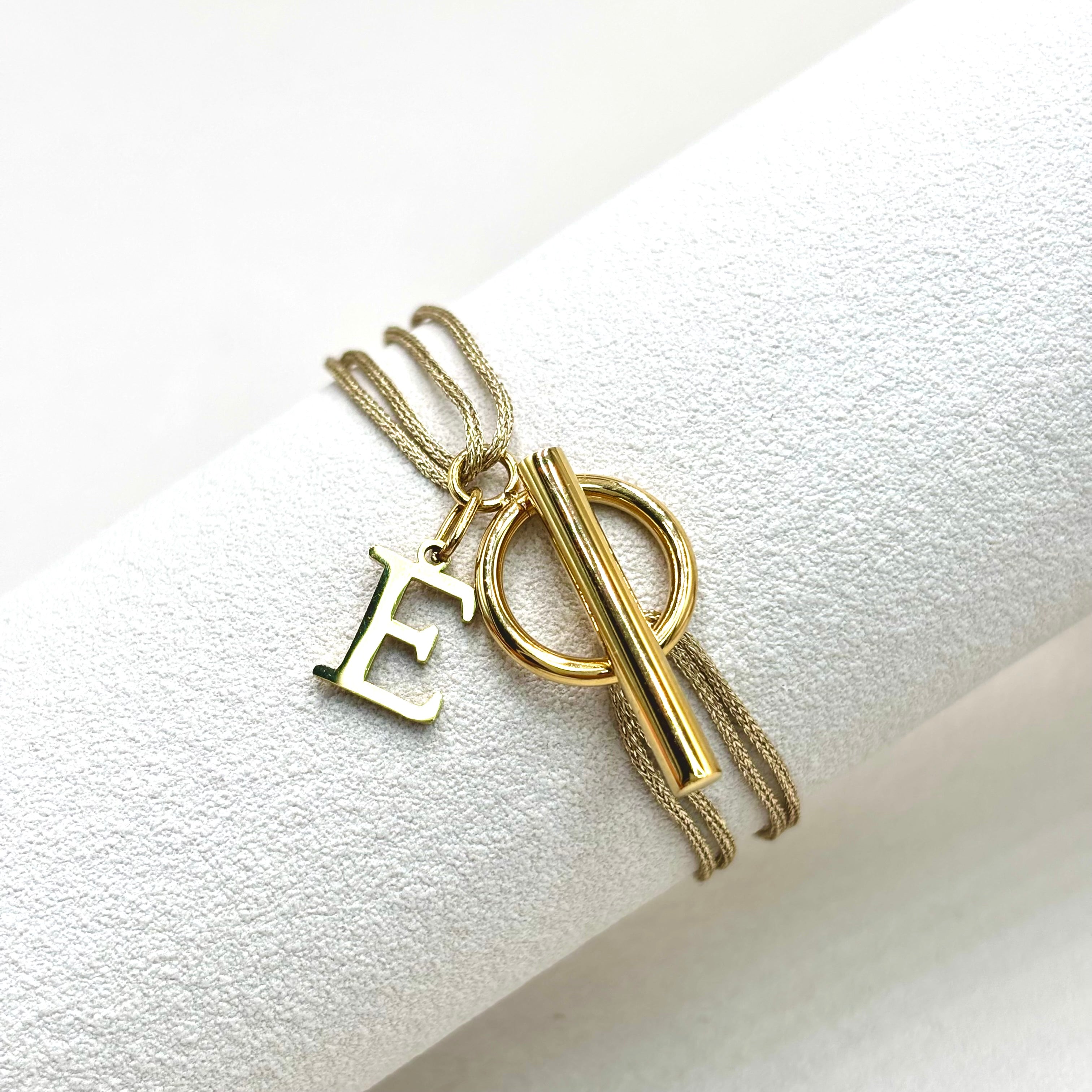 Bracelet cordon doré scintillant Fermoir T Toggle et lettre initiale en acier inoxydable doré