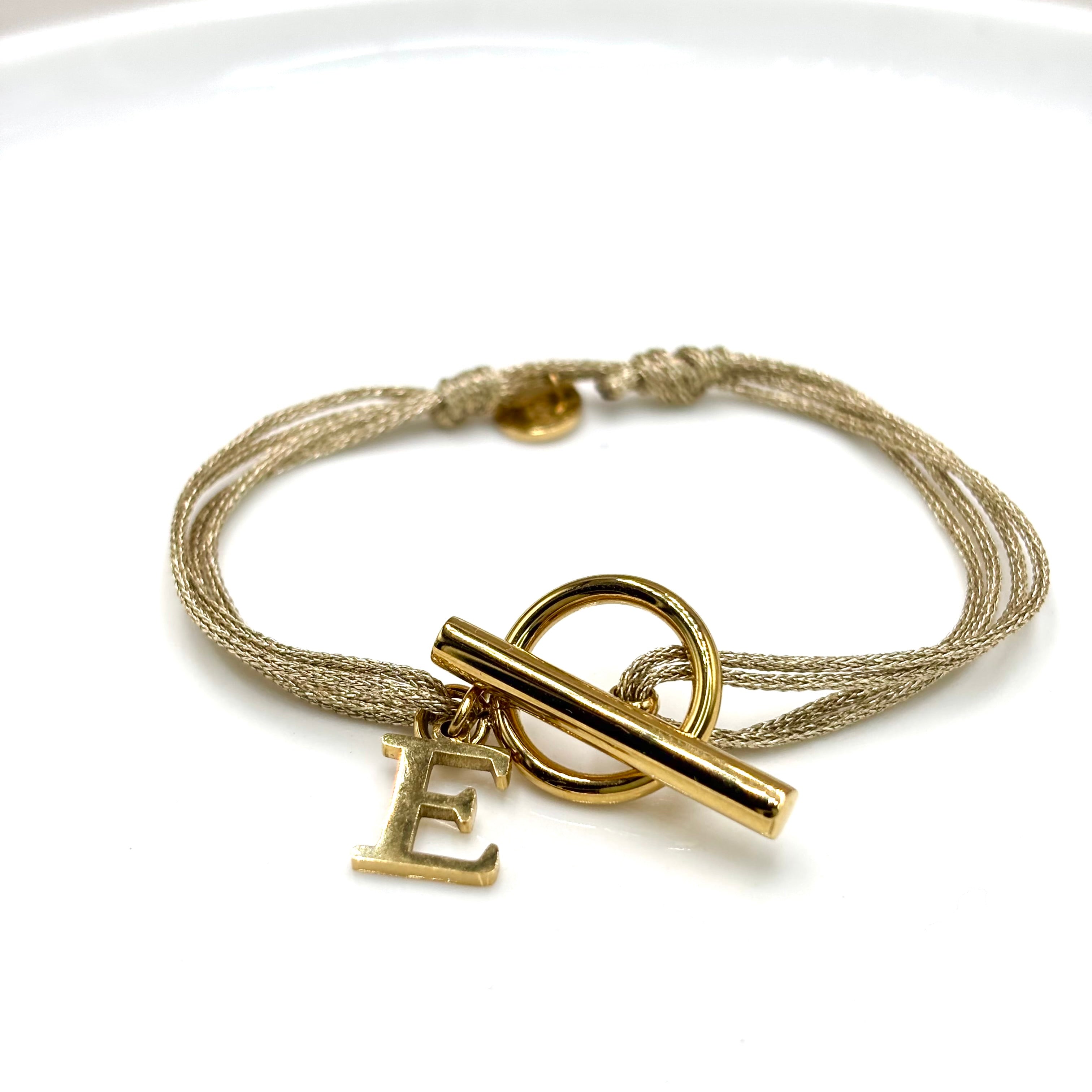 Bracelet cordon doré scintillant Fermoir T Toggle et lettre initiale en acier inoxydable doré