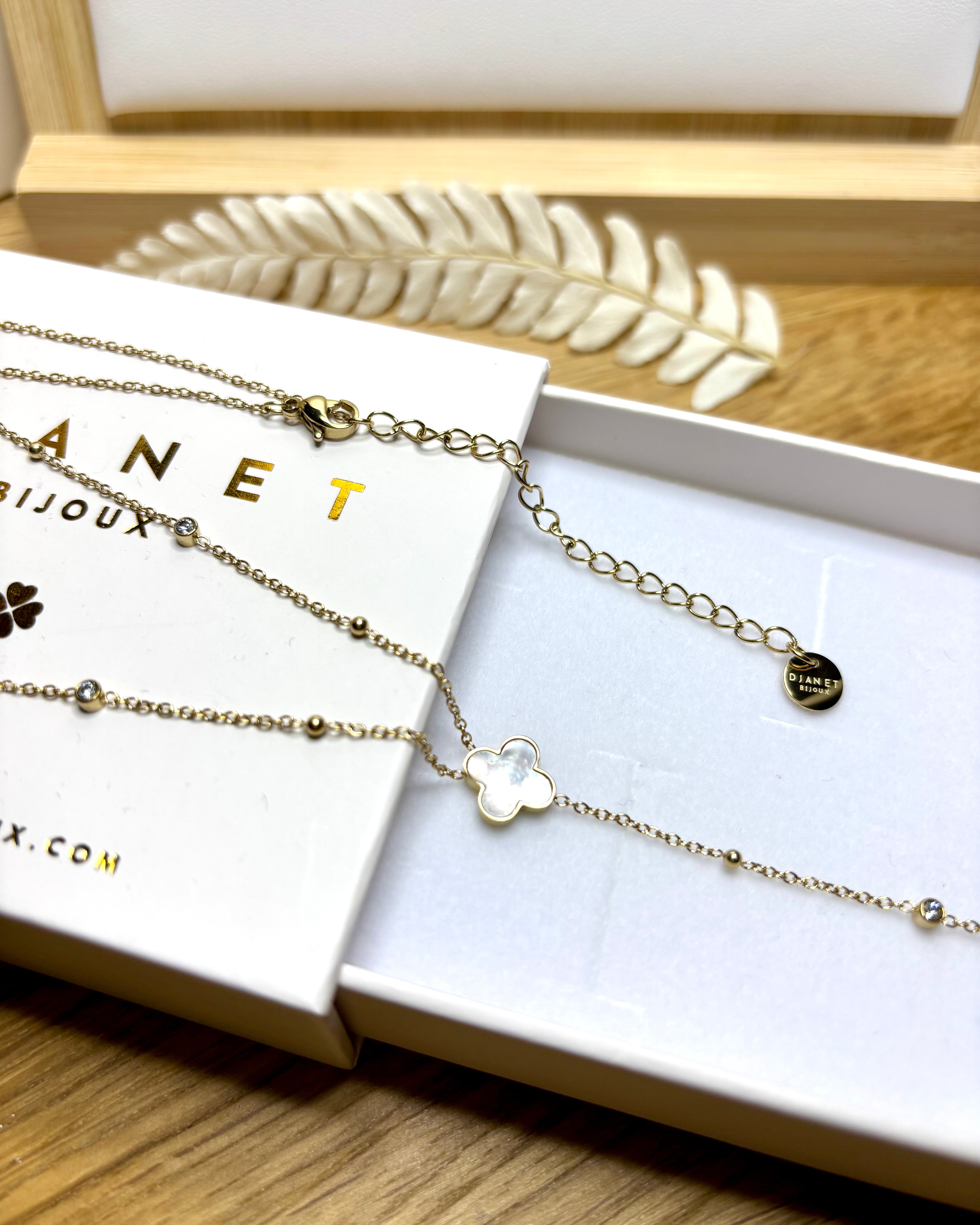 collier cravate en acier inoxydable 316L doré à l'or fin 14K posé sur une boite cadeau