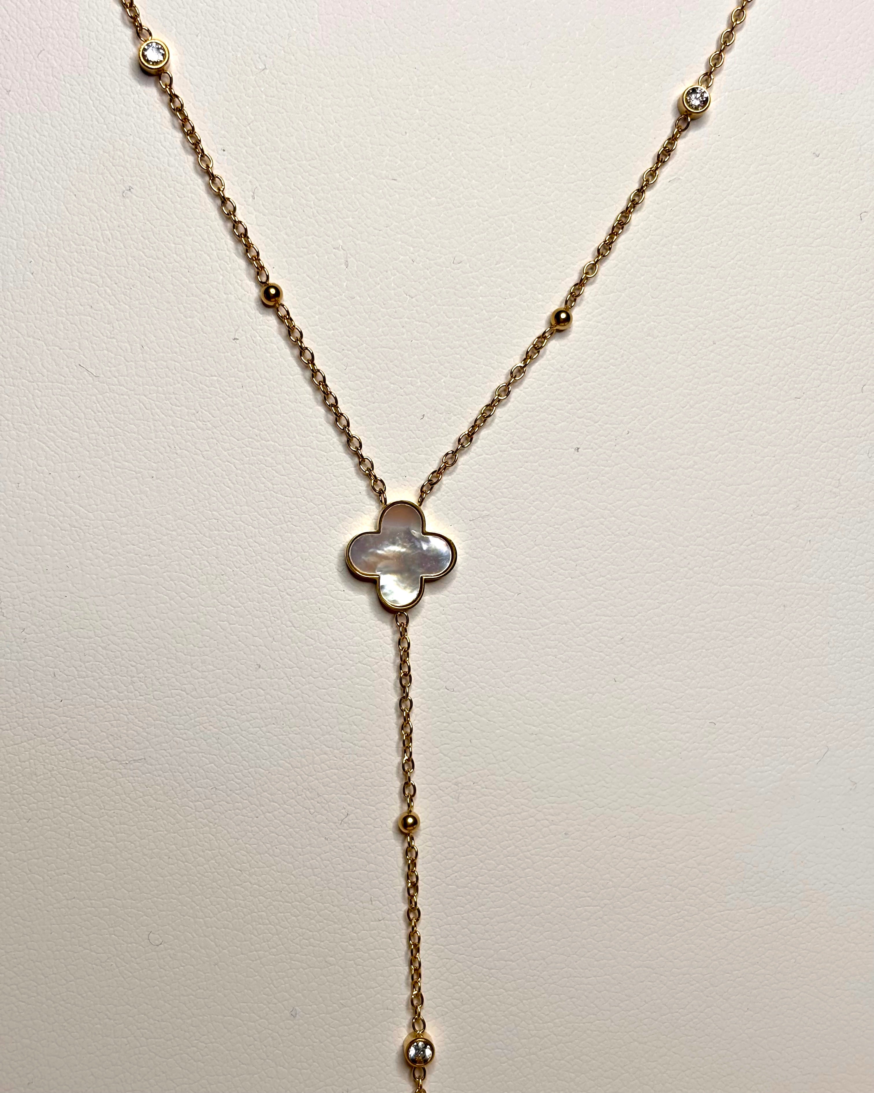 Collier Cravate Acier Inoxydable Doré Trèfle Nacre Victoire