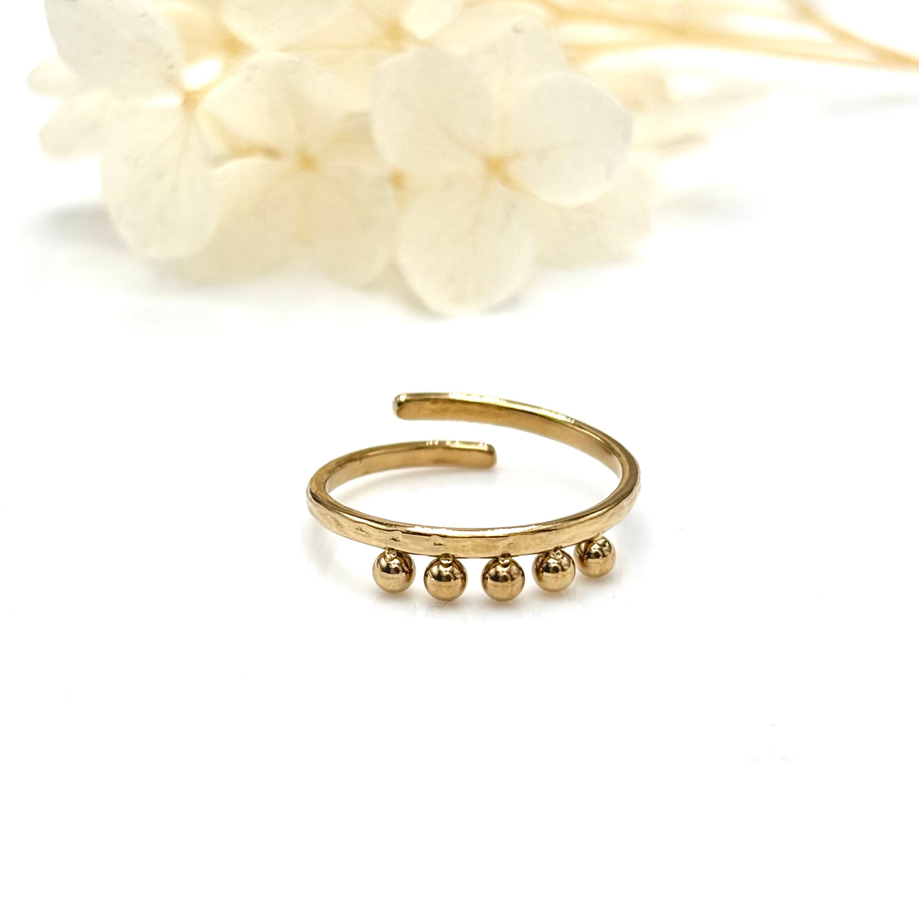 Bague acier inoxydable doré femme fine 5 billes ajustable – Verna