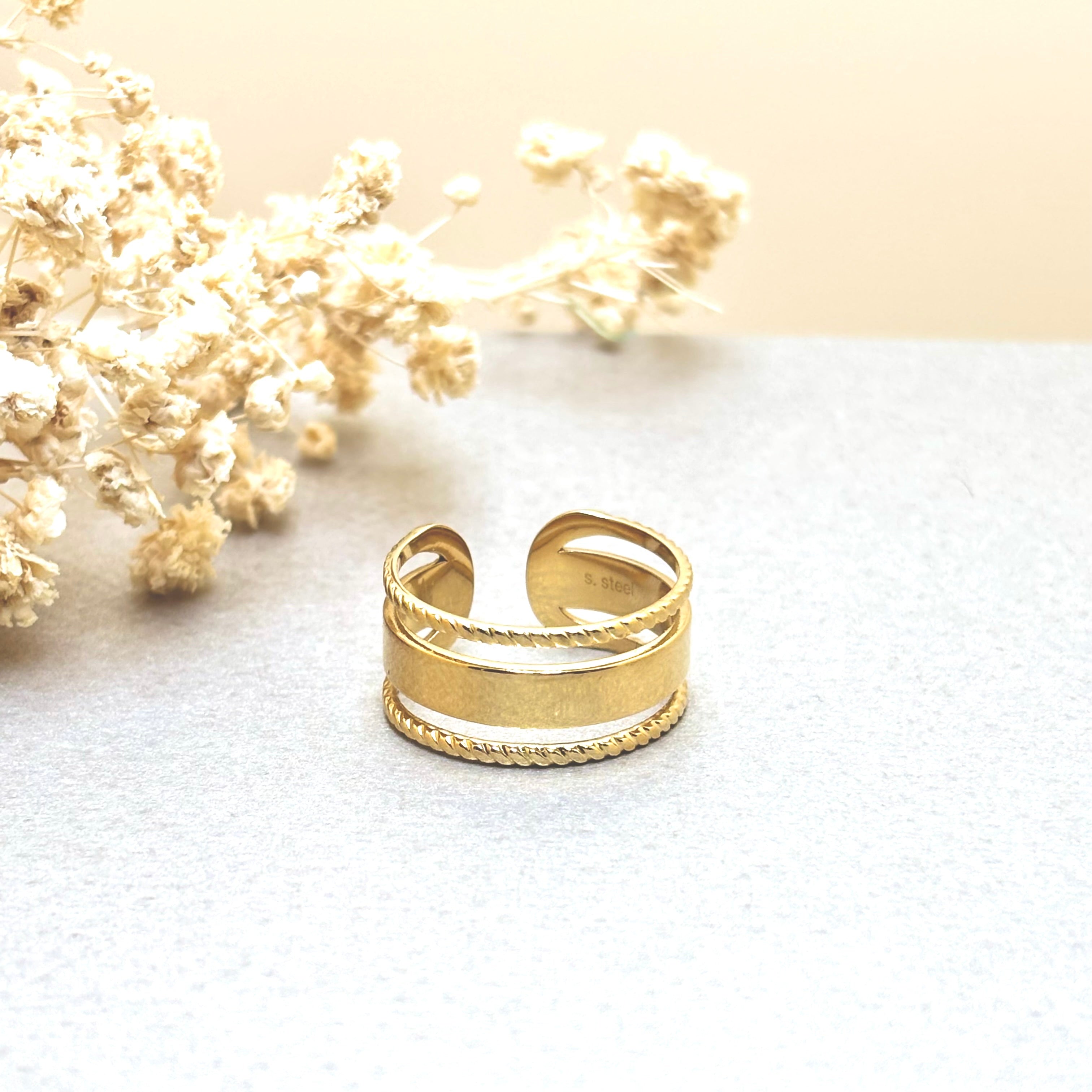 Bague acier inoxydable doré femme trois rangs ajustable – Rosalind