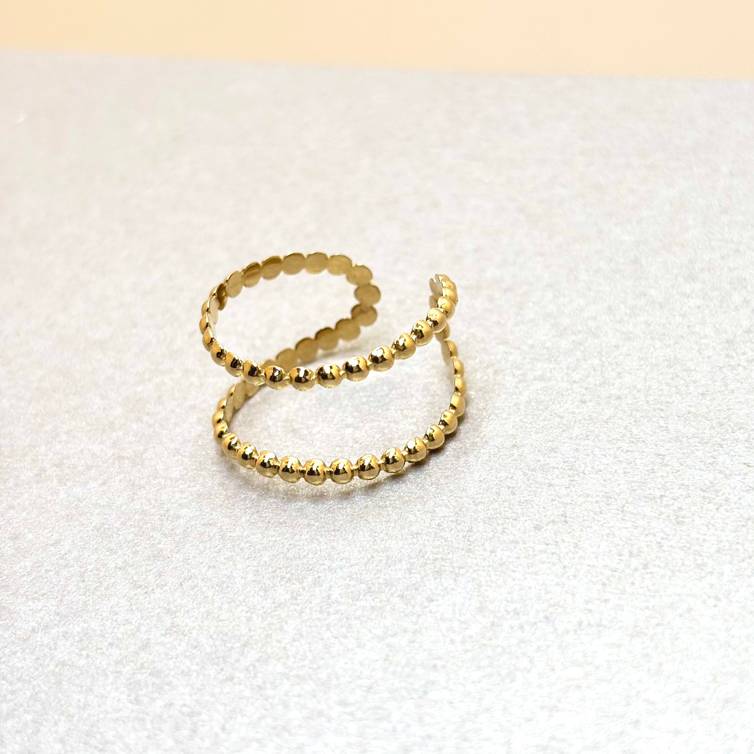 Bague en acier inoxydable doré double rang contours perlés 