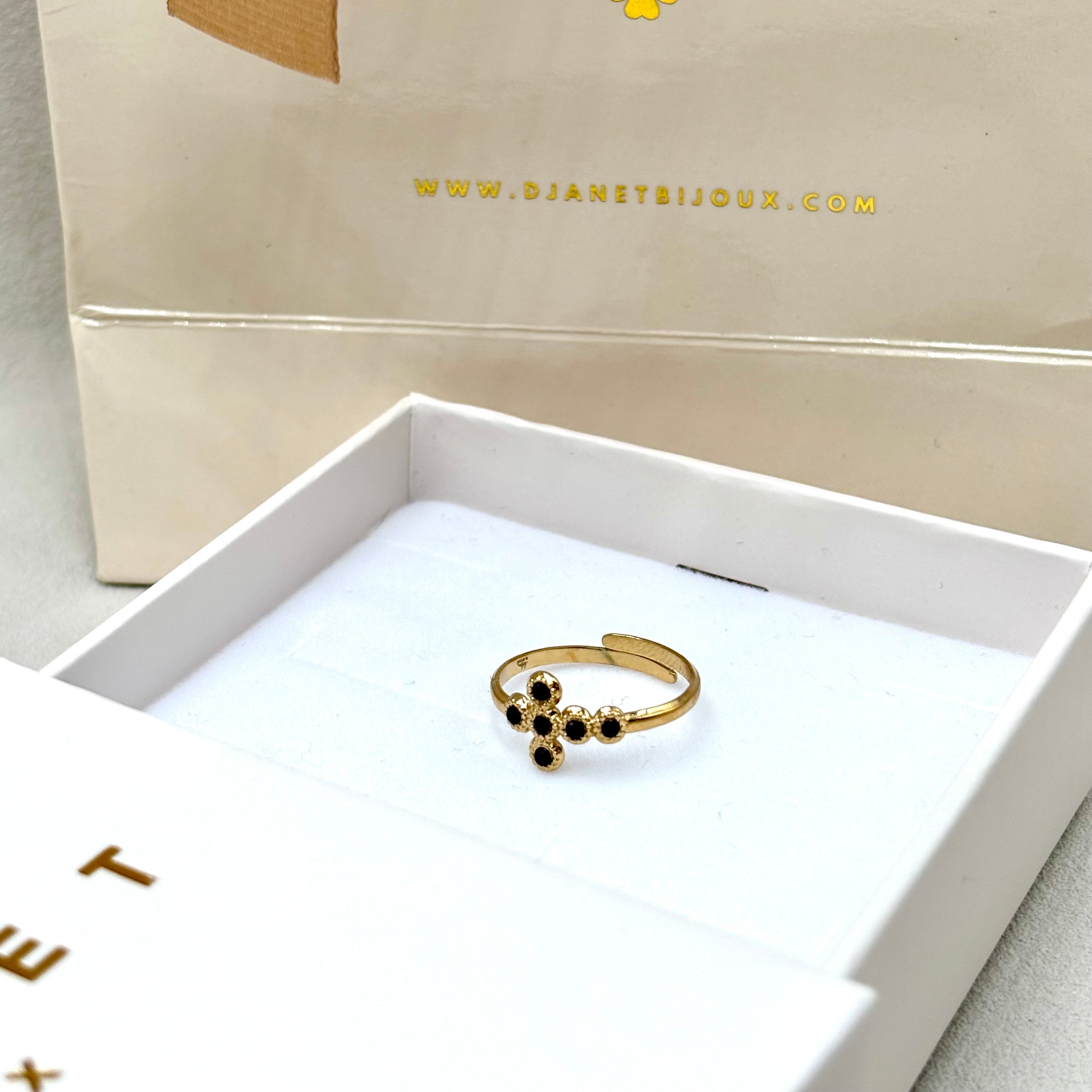 bague acier inoxydable doré zirconium croix noire femme ajustable