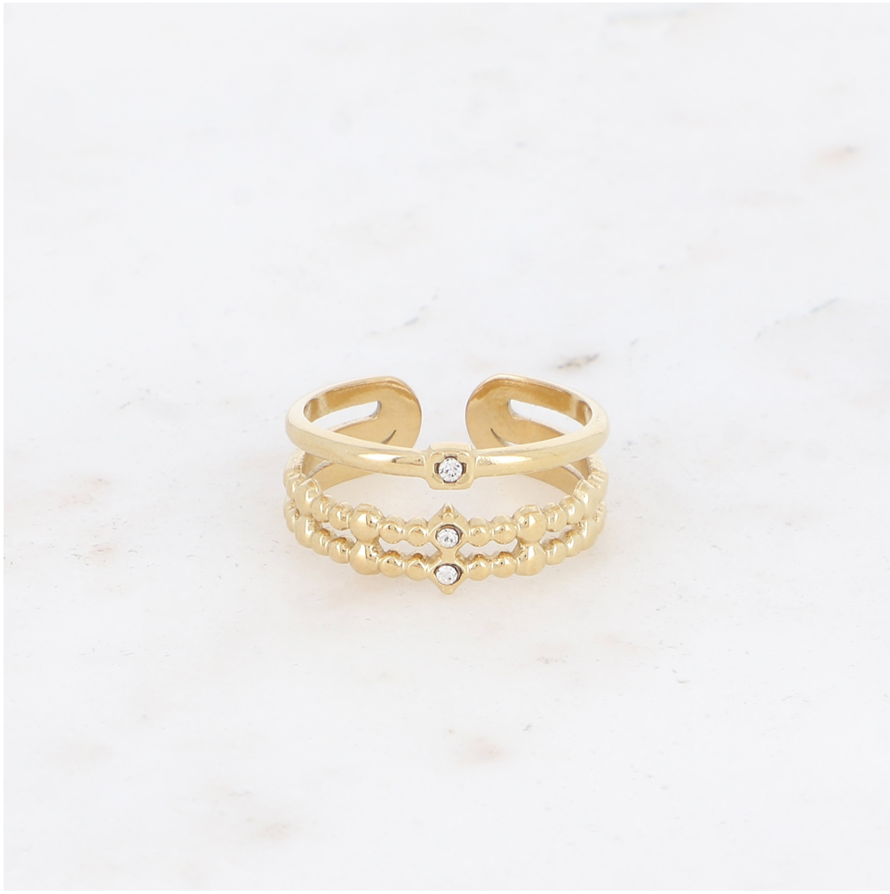 Bague ecier inoxydable doré et oxyde de zirconium multirang ajustable