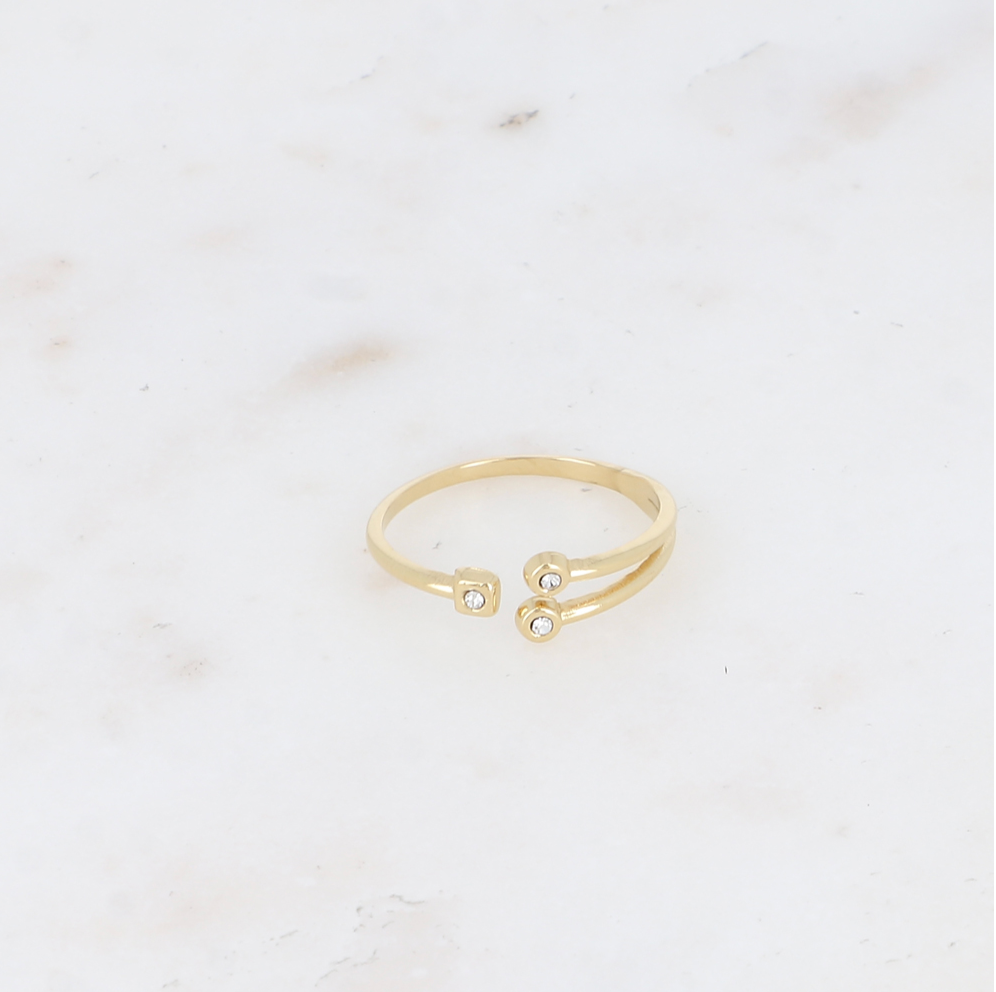 Bague acier inoxydable doré et trois cristaux sur bases rondes et carrées