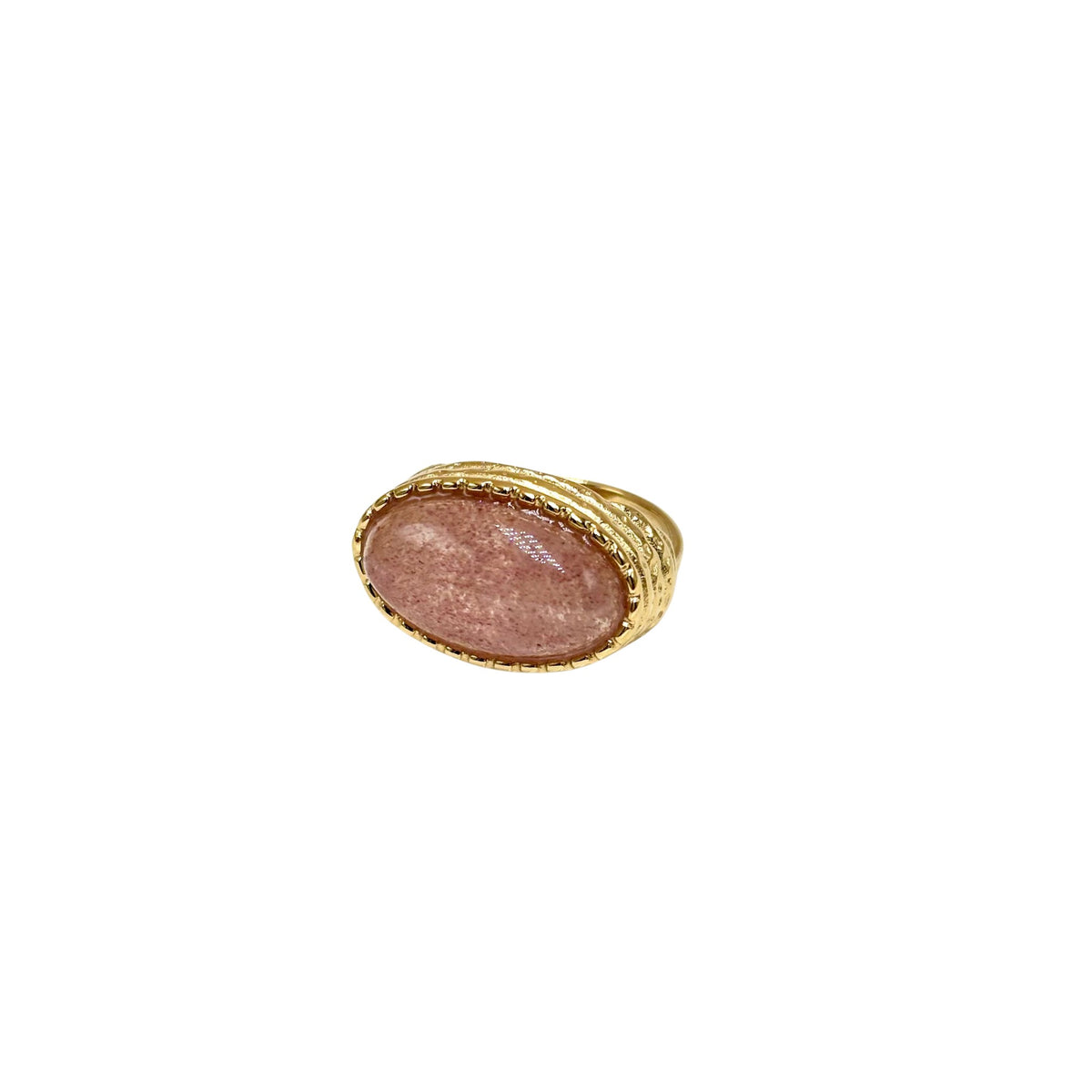 Bague chevalière femme ajustable en acier inoxydable doré avec pierre ovale en quartz fraise