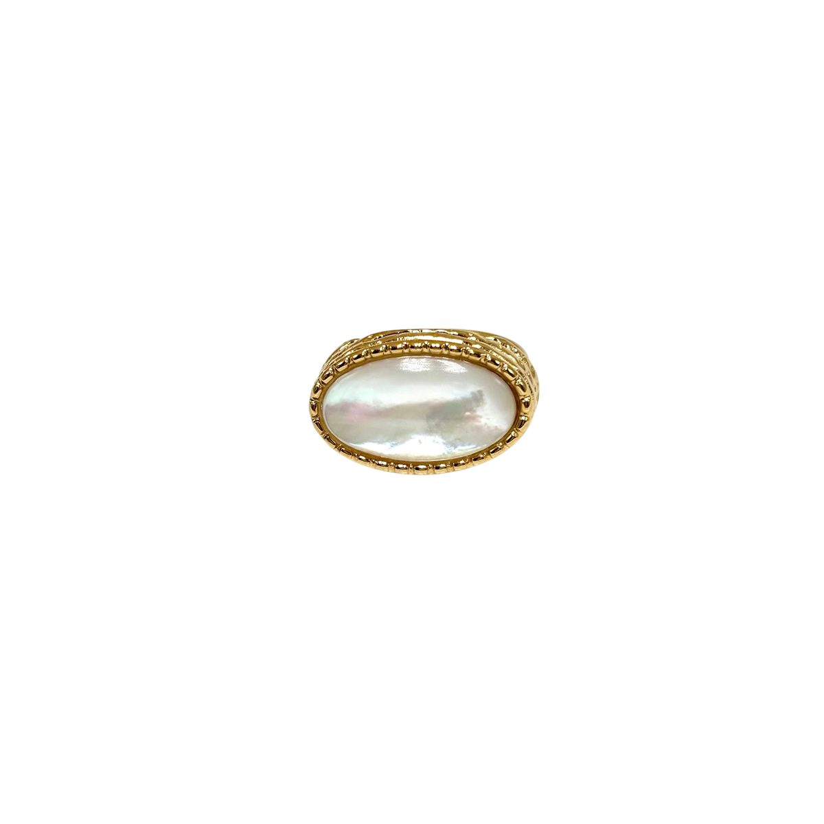 Bague chevalière ajustable en acier inoxydable doré avec cabochon ovale en nacre blanche