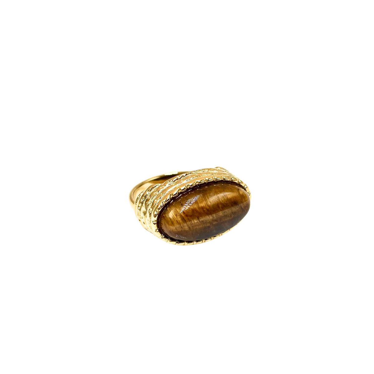 Bague large dorée pour femme avec pierre naturelle ovale en œil de tigre