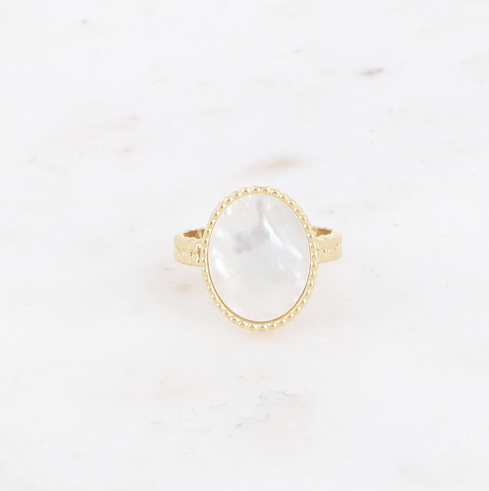 bague ovale ajustable en acier inoxydable doré nacre Romy