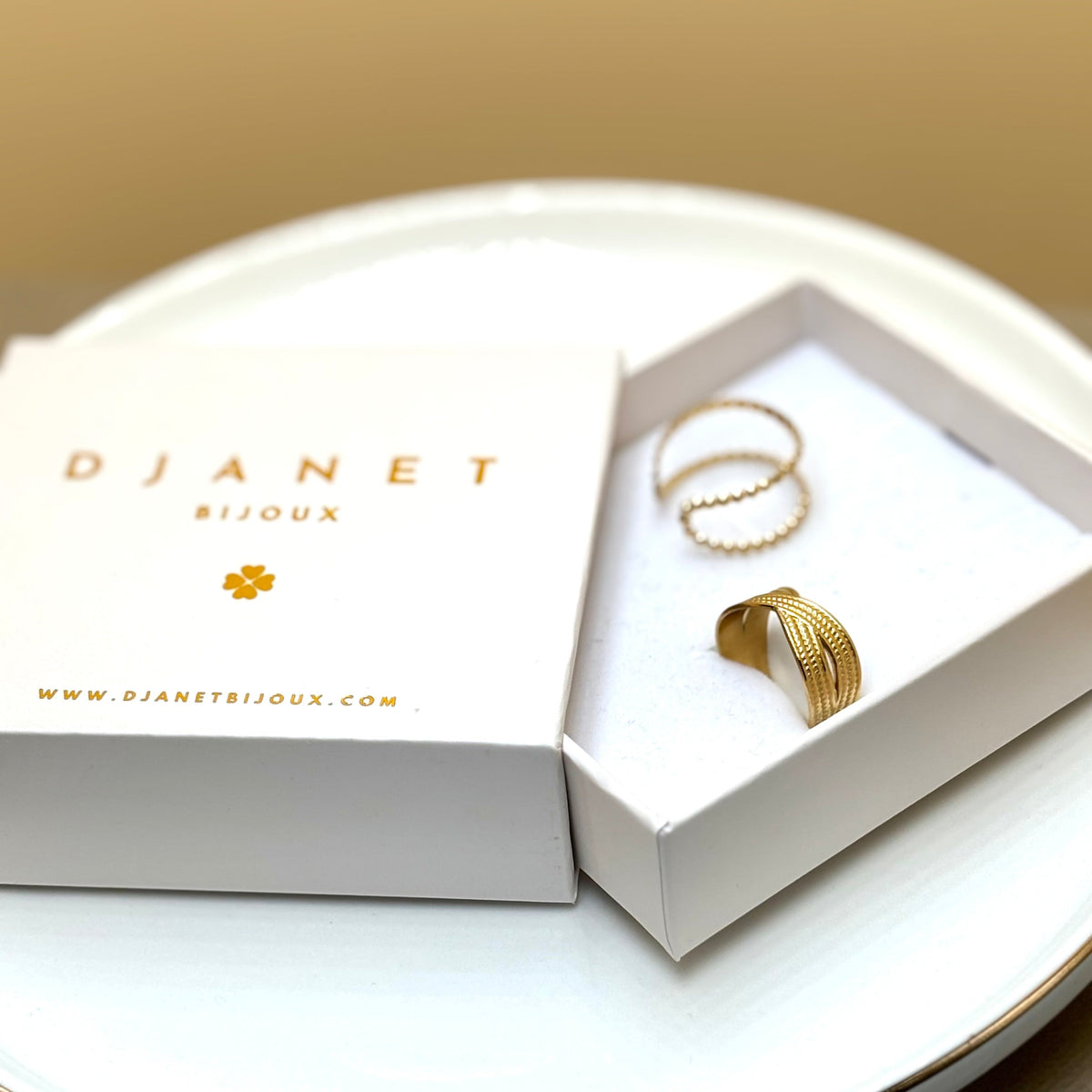 Djanet Bijoux Schmucketui mit einem gekreuzten und einem dreireihigen goldfarbenen Ring auf einem Spiegel