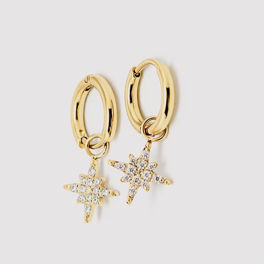 Boucles d'oreilles mini créoles Etoile Pendante Acier Inoxydable 316L Doré 14K Polaris Djanet Bijoux 