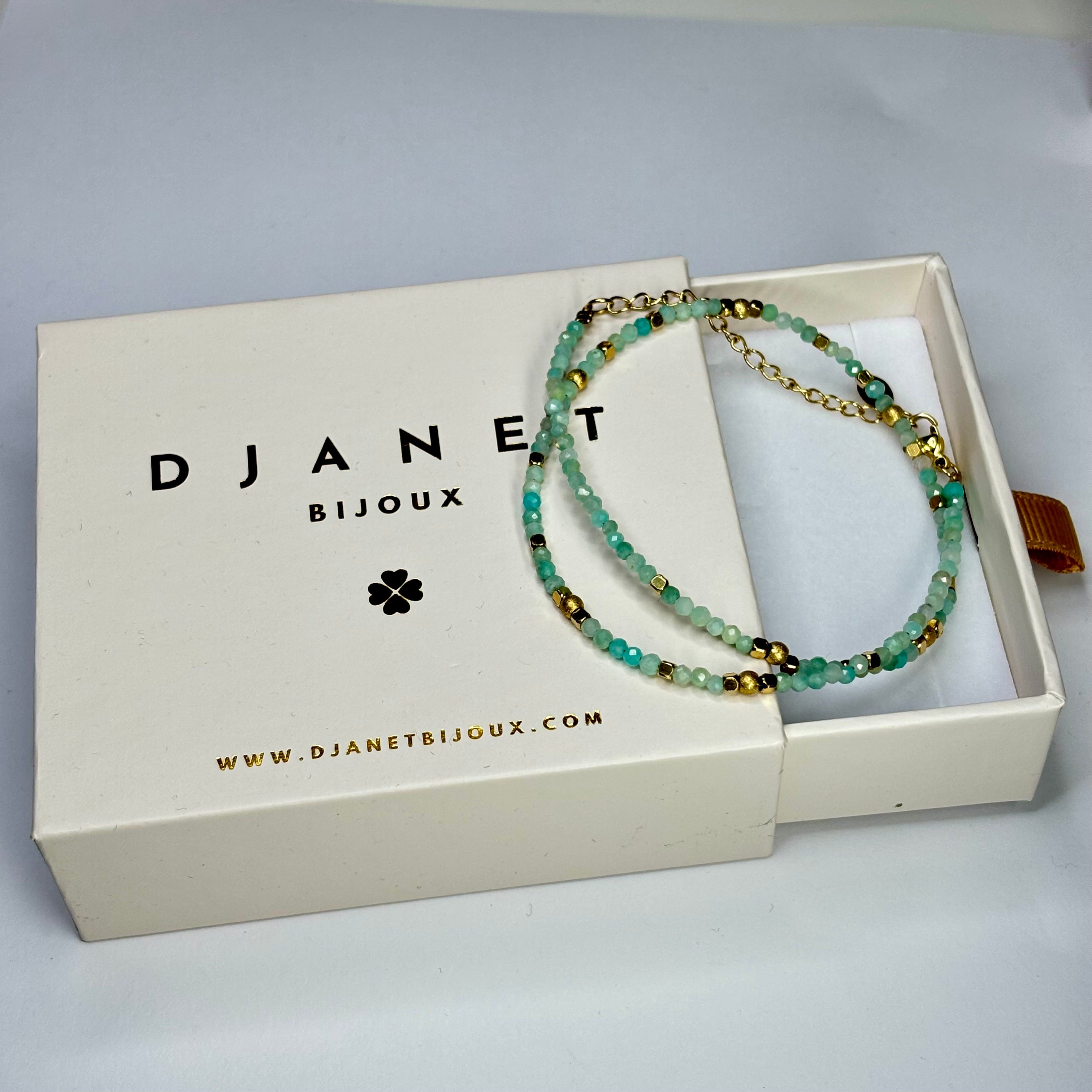 Bracelet amazonite hématites et acier inoxydable dore double tours