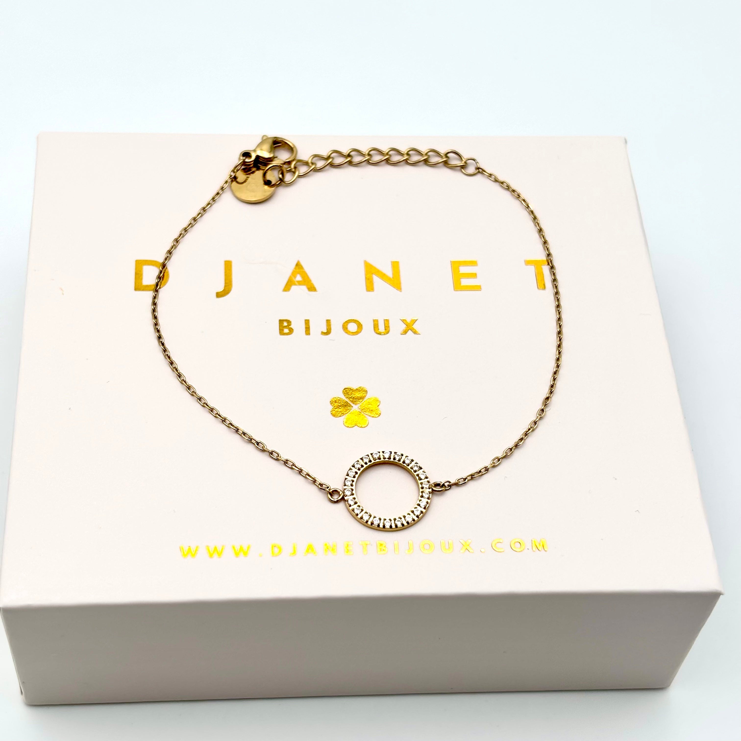 Bracelet Aura chaine fine doré orné d'un cercle ajouré et serti d'oxydes de zirconium