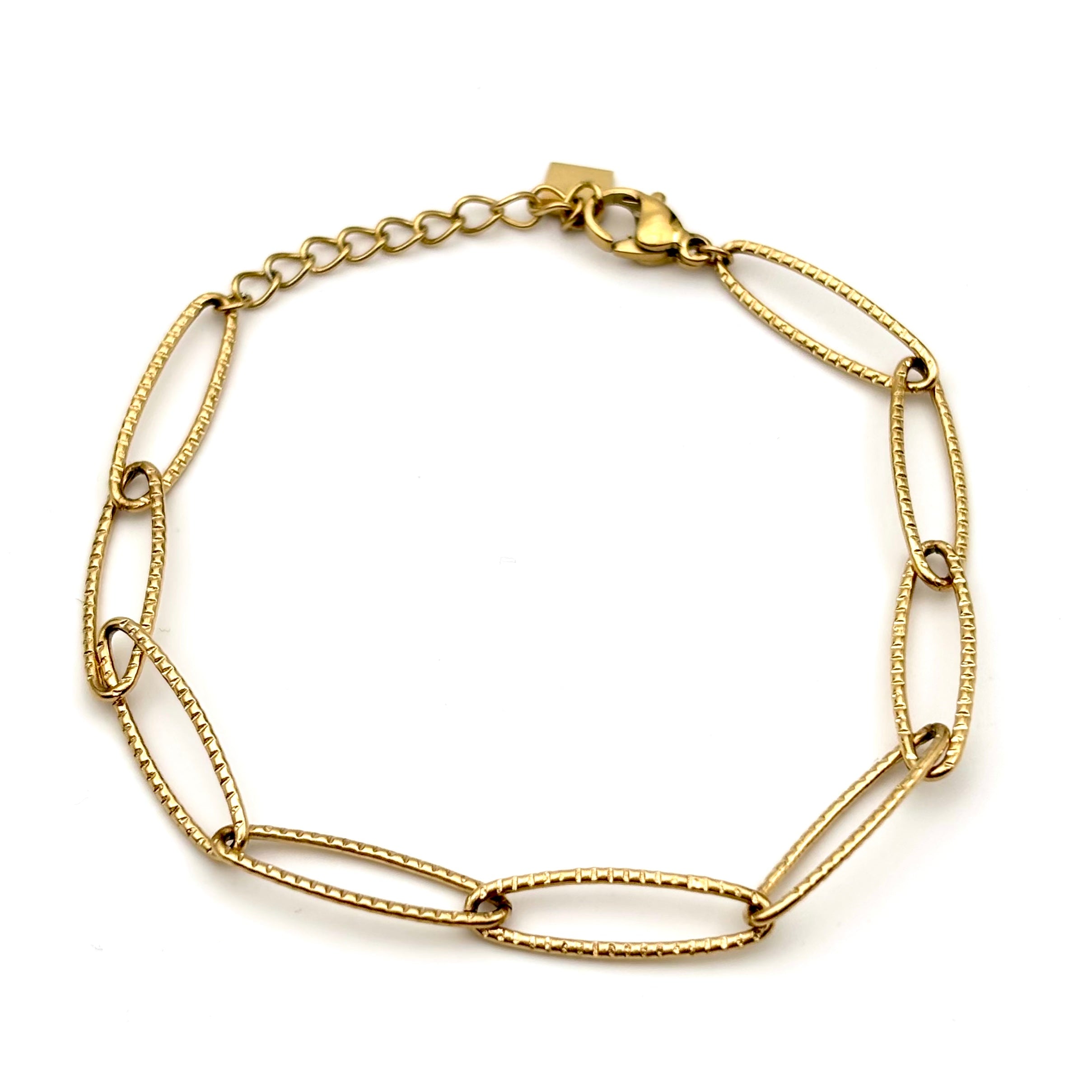 Bracelet chaine mailles allongées en acier inoxydable texturé doré à l'or fin 