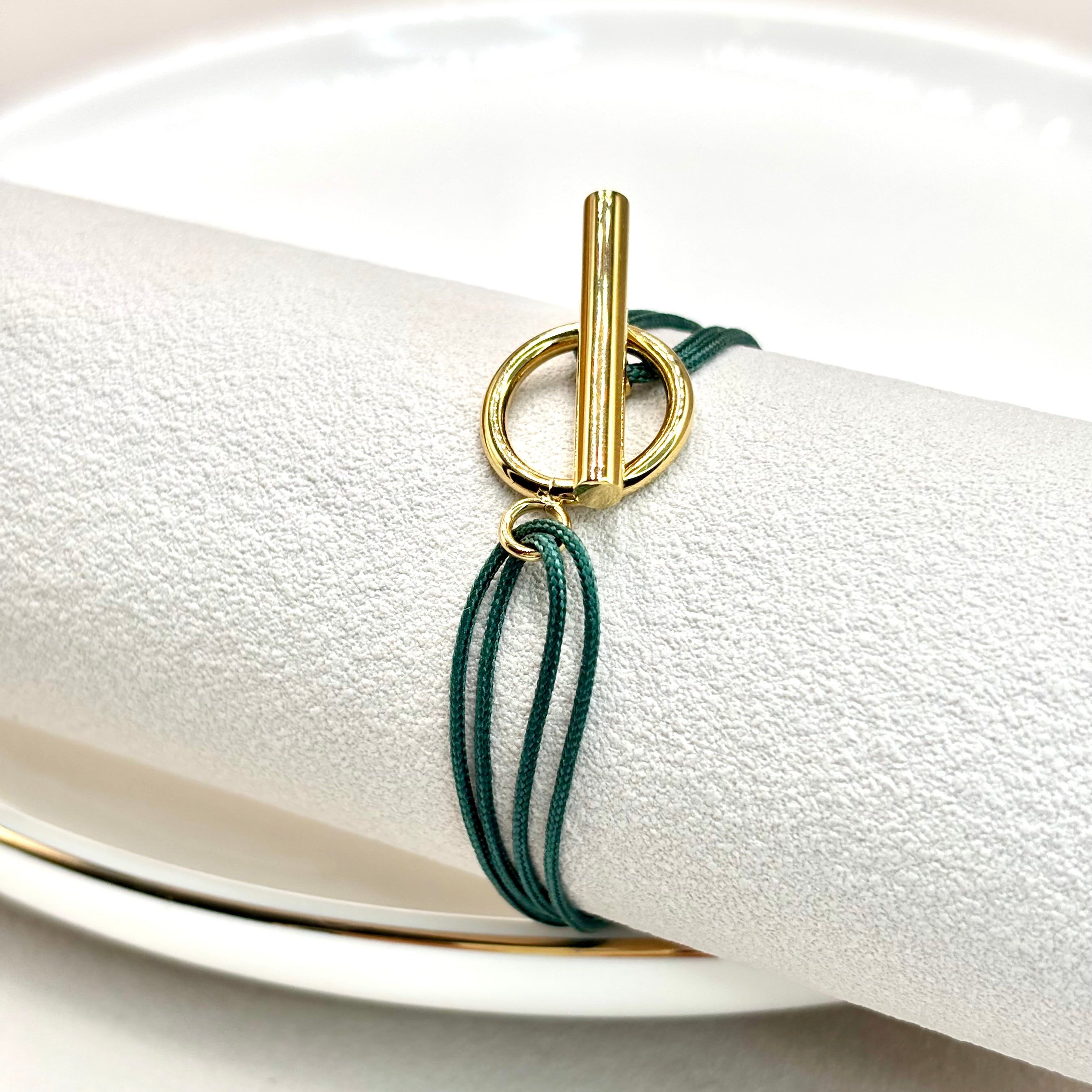 Bracelet cordon vert double et fermoir Toggle en acier inoxydable doré